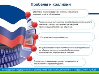 Пробелы и коллизии
Отсутствие сбалансированной системы нормативно-
правовых актов в образовании.


      Лицензионные требования и аккредитационные показатели
      деятельности образовательных учреждений,
      применяющих электронное обучение.




       Статус сетевого преподавателя.




      Не урегулирован вопрос исключительных авторских прав
      на объекты интеллектуальной собственности,
      создаваемые в интерактивном режиме.



 Техническая терминология не получила должного
 разъяснения на правовом уровне.
 