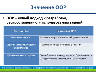 Значение ООР
• ООР – новый подход к разработке,
  распространению и использованию знаний.

      Группа стран                     Назначение ООР

    Развитые страны       Источник формирования общества знаний

 Страны с развивающейся   Подпитка инновационного развития
      экономикой

  Развивающиеся страны    Способ расширения доступа к образованию и
                          совершенствования систем образования
 