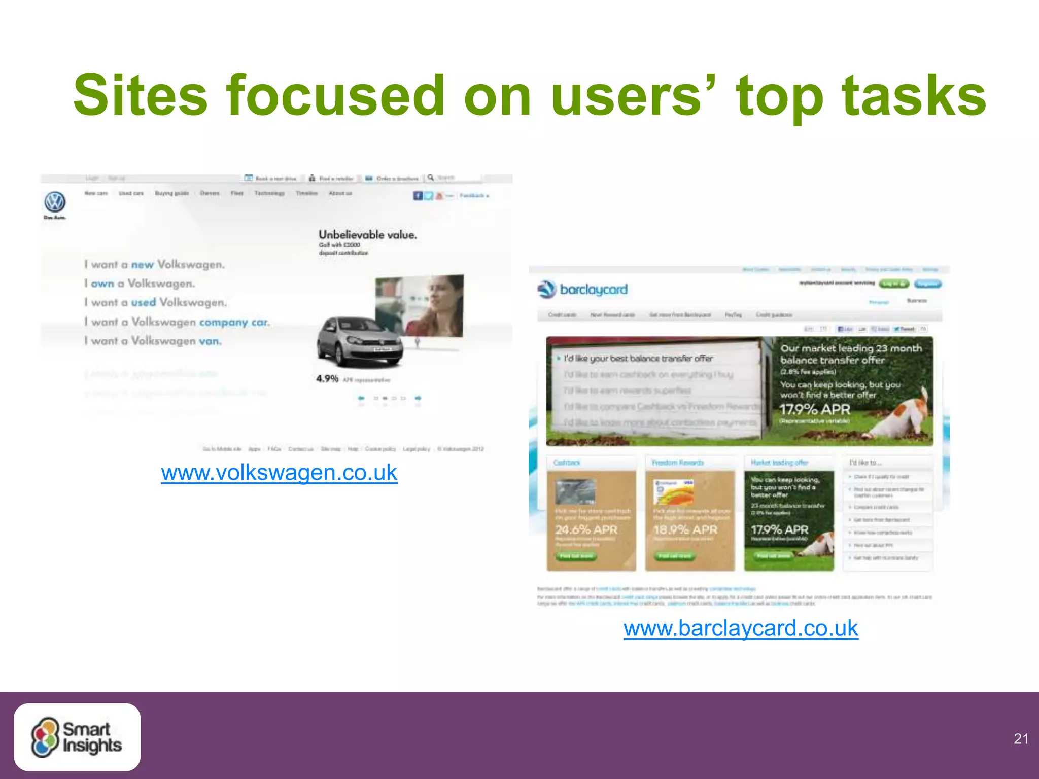 21
Sites focused on users’ top tasks
www.volkswagen.co.uk
www.barclaycard.co.uk
 