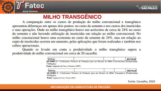 MECANIZAÇÃO EM AGRICULTURA DE PRECISÃO
MILHO TRANSGÊNICO
Fonte: Carvalho, 2010
 