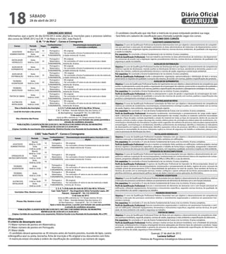 18                      sábado
                        28 de abril de 2012
                                                                                                                                                                                                                   Diário Oficial
                                                                                                                                                                                                                    GUARUJÁ
                                    COMUNICADO SEDUC                                                                             - O candidato classificado que não fizer a matrícula no prazo estipulado perderá sua vaga;
Informamos que a partir do dia 02/05/2012 estão abertas as inscrições para o processo seletivo                                   - Será feito um cadastro de classificação para chamada surgindo vagas nos cursos.
dos cursos do SENAI 2012 na E.M. 1º de Maio e no CAEC João Paulo II.                                                                                                    RESUMO DOS CURSOS
                         E. M. “1º de Maio” – Cursos e Cronograma                                                                                                                ASSISTENTE ADMINISTRATIVO
                                            Conhecimentos                         Documentação necessária para                   Objetivo: O curso de Qualificação Profissional Assistente Administrativo tem por objetivo o desenvolvimento de competên-
      Cursos            Período       Vagas
                                               exigidos                              a inscrição e condições                     cias que permitam a execução de atividades pertinentes às áreas administrativas de indústrias e de departamentos comer-
                        Manhã                                                                                                    ciais de acordo com a legislação vigente, procedimentos internos, normas técnicas, ambientais, de qualidade e de segurança
                                      32               Português e - RG original;                                                e saúde no trabalho.
   ASSISTENTE        08:00 às 12:00
                                    --------           Matemática  - Ter concluído o Ensino Fundamental no ato da matrícula
 ADMINISTRATIVO          Noite                                                                                                   Pré-requisitos: Ter concluído o Ensino Fundamental e ter no mínimo 16 anos completos.
                                      64              FUNDAMENTAL e idade mínima de 16 anos.
                     18:00 às 23:00                                                                                              Perfil da Qualificação Profissional: Executa trabalhos pertinentes às áreas administrativas de indústrias e de departamen-
                                              Português e       - RG original;                                                   tos comerciais de acordo com a legislação vigente, procedimentos internos, normas técnicas, ambientais, de qualidade e de
   INSTALADOR            Noite
                                        32    Matemática        - Ter concluído a 4ª série no ato da matrícula e idade           segurança e saúde no trabalho.
   HIDRAULICO        18:00 às 23:00
                                             FUNDAMENTAL mínima de 18 anos.                                                                                                       AUXILIAR DE DISTRIBUIÇÃO
                                              Português e       - RG original;                                                   Objetivo: O curso de Qualificação Profissional Auxiliar de Distribuição tem por objetivo o desenvolvimento de competências
    AUXILIAR DE            Noite
                                        32    Matemática        - Ter concluído o Ensino Fundamental no ato da matrícula         relativas à gestão de distribuição, visando auxiliar na distribuição de bens e serviços, atendendo as demandas, prazos e con-
   SUPRIMENTOS         18:00 às 23:00
                                             FUNDAMENTAL e idade mínima de 16 anos.                                              dições dos clientes, conforme procedimentos técnicos e normas de saúde, segurança e preservação ambiental.
                                              Português e        - RG original;                                                  Pré-requisitos: Ter concluído o Ensino Fundamental e ter no mínimo 16 anos completos.
    AUXILIAR DE            Noite
                                        32    Matemática        - Ter concluído o Ensino Fundamental no ato da matrícula
   DISTRIBUIÇÃO        18:00 às 23:00                                                                                            Perfil da Qualificação Profissional: Auxilia o planejamento, organização, operacionalização e distribuição de bens e serviços,
                                             FUNDAMENTAL e idade mínima de 16 anos.
                                                                                                                                 preservando os requisitos de qualidade e consumo dos mesmos, de acordo com normas, padrões e especificações dos produtos.
                                              Português e       - RG original;
      PEDREIRO             Noite                                                                                                                                                  AUXILIAR DE SUPRIMENTOS
                                        32    Matemática        - Ter concluído a 4ª série no ato da matrícula e idade
   ASSENTADOR          18:00 às 23:00                                                                                            Objetivo: O curso de Qualificação Profissional Auxiliar de Suprimentos tem por objetivo o desenvolvimento de competências para
                                             FUNDAMENTAL mínima de 18 anos.
                                              Português e       - RG original;                                                   auxiliar no planejamento e ações de gestão e organização da armazenagem de materiais, preservando os requisitos de qualidade e
      PEDREIRO             Noite                                                                                                 consumo dos mesmos de acordo com normas, padrões e especificações dos produtos e planejamento estratégico da empresa.
                                        32    Matemática        - Ter concluído a 4ª série no ato da matrícula e idade
    REVESTIDOR         18:00 às 23:00                                                                                            Pré-requisitos: Ter concluído o Ensino Fundamental e ter no mínimo 16 anos completos.
                                             FUNDAMENTAL mínima de 18 anos.
                                              Português e       - RG original;                                                   Perfil da Qualificação Profissional: Auxilia no planejamento e ações de gestão e organização da armazenagem de mate-
                           Noite                                                                                                 riais, preservando os requisitos de qualidade e consumo dos mesmos de acordo com normas, padrões e especificações dos
 PINTOR DE OBRAS                        32    Matemática        - Ter concluído a 4ª série no ato da matrícula e idade
                       18:00 às 23:00                                                                                            produtos e planejamento estratégico da empresa.
                                             FUNDAMENTAL mínima de 18 anos.
                                              Português e       - RG original;                                                                                                      CONTROLADOR DE PÁTIO
     ELETRICISTA           Noite
                                        32    Matemática        - Ter concluído a 4ª série no ato da matrícula e idade           Objetivo: O curso de Qualificação Profissional Controlador de Pátio tem por objetivo o desenvolvimento de competências
    INSTALADOR         18:00 às 23:00
                                             FUNDAMENTAL mínima de 18 anos.                                                      relativas ao controle de recebimento, movimentação, armazenamento e entrega no pátio, em conformidade com as normas
        Dias e Horário das Inscrições                    2, 3, 4, 7 e 8 de maio de 2012 das 08 às 18 horas                       de saúde, higiene, meio ambiente, segurança e legislação vigente.
                                                      E. M. 1º de Maio - Avenida Adriano Dias dos Santos, 611                    Pré-requisitos: Ter concluído o 5º ano do Ensino Fundamental de 9 anos e ter no mínimo 16 anos completos.
       Local de inscrição e das provas
                                                         Jd. Boa Esperança - Guarujá/SP -Tel. (13) 3384-5655                     Perfil da Qualificação Profissional: Acompanha recebimento, movimentação e armazenamento de carga; avalia capaci-
                                                                          12 de maio de 2012                                     dade x demanda dos modais de transporte; avalia desempenho dos modais; classifica os materiais conforme necessidade;
                                                       Início às 08h e término às 11h. Tempo mínimo 30 min.                      controla o fluxo do pátio; controla quantidade e estado do material em todas as fases do transporte, dentro de sua área de
         Dia e Horários das Provas
                                             Após o início das provas, o portão será fechado não sendo permitida a               atuação; controla e avalia a carga e descarga dos modais; elabora plano de contingência; elabora plano de recebimento, mo-
                                                                  entrada de candidatos atrasados.                               vimentação e distribuição de mercadorias no pátio; emite sugestões de melhoria do processo; executa plano operacional de
          PUBLICAÇÕES: CLASSIFICAÇÃO EM 22/05/2012, NA ESCOLA E NO DIÁRIO OFICIAL DO MUNICÍPIO.                                  armazenagem, movimentação e recebimento; identifica conhecimento de embarque; identifica e interpreta os indicadores
                                       MATRÍCULAS DE 23/05/2012 A 25/05/2012                                                     de desempenho em logística de distribuição; identifica operações críticas do processo; identifica os modais de transporte;
     (Cópias: Certidão de nascimento e/ou casamento, Histórico Escolar e/ou Atestado de Escolaridade, RG e CPF)                  interpreta as necessidades de recursos; interpreta e aplica as normas de segurança do trabalho e ambientais; planeja e exe-
                                                                                                                                 cuta os processos de distribuição dos bens.
                               CAEC “João Paulo II” – Cursos e Cronograma                                                                                                          INSTALADOR HIDRÁULICO
                                                       Conhecimentos      Documentação necessária para a inscrição e con-        Objetivo: O curso de Qualificação Profissional Instalador Hidráulico tem por objetivo o desenvolvimento de competências
       Cursos             Período          Vagas                                                                                 relativas à execução e manutenção das instalações hidro-sanitárias em edificações.
                                                          exigidos                          dições
                          Manhã                                                                                                  Pré-requisitos: Ter concluído o 5º ano do Ensino Fundamental de 9 anos e ter no mínimo 18 anos completos.
                                             16          Português e - RG original;
    ASSISTENTE         08:00 às 12:00                                                                                            Perfil da Qualificação Profissional: Executa e mantém as instalações hidro-sanitárias em edificações conforme projetos, normas
                                           --------      Matemática  - Ter concluído o Ensino Fundamental no ato da matrí-
  ADMINISTRATIVO           Tarde                                                                                                 técnicas vigentes e procedimentos específicos, planejando o trabalho de forma limpa e organizada, assegurando o desenvolvi-
                                             64         FUNDAMENTAL cula e idade mínima de 16 anos.
                       13:00 às 22:00                                                                                            mento do processo de execução das obras dentro dos prazos, com segurança, qualidade, economia e respeito ao meio ambiente.
                          Manhã                                                                                                                                              OPERADOR DE MICROCOMPUTADOR
                                             16
                       08:00 às 12:00                                                                                            Objetivo: O curso de Qualificação Profissional Operador de Microcomputador tem por objetivo o desenvolvimento de com-
                                           --------      Português e - RG original;
   OPERADOR DE             Tarde                                                                                                 petências relativas à operação de microcomputadores, fundamentada em conhecimentos básicos de arquitetura de compu-
                                             32          Matemática  - Ter concluído o Ensino Fundamental no ato da matrí-
MICROCOMPUTADOR        13:00 às 18:00                                                                                            tadores, programas utilizados em escritórios (pacote Office e Office BR) e o uso da Internet.
                                           --------     FUNDAMENTAL cula e idade mínima de 16 anos.
                           Noite                                                                                                 Pré-requisitos: Ter concluído o Ensino Fundamental e ter no mínimo 16 anos completos.
                                             16
                       18:00 às 23:00
                                                                                                                                 Perfil da Qualificação Profissional: O egresso da Qualificação Profissional de Operador de Microcomputador deverá ser
                                                         Português e    - RG original;
    PEDREIRO               Noite                                                                                                 capaz de operar sistemas de microcomputadores, monitorando o armazenamento de dados, registro de erros, consumo da
                                             32          Matemática     - Ter concluído a 4ª série no ato da matrícula e idade
   ASSENTADOR          18:00 às 23:00                                                                                            unidade central de processamento (CPU) e disponibilidade de aplicativos no nível de usuário. Deve também de forma au-
                                                        FUNDAMENTAL     mínima de 18 anos.
                                                                                                                                 tônoma, de acordo com as orientações técnicas, instalar, configurar e operar software de escritório: processadores de texto,
                                                         Português e    - RG original;                                           planilhas eletrônicas, apresentações gráficas, bancos de dados, Internet e outras aplicações de Informática.
     PEDREIRO              Noite
                                             16          Matemática     - Ter concluído a 4ª série no ato da matrícula e idade
    REVESTIDOR         18:00 às 23:00                                                                                                                                                PEDREIRO ASSENTADOR
                                                        FUNDAMENTAL     mínima de 18 anos.
                           Tarde                                                                                                 Objetivo: O curso de Qualificação Profissional Pedreiro Assentador tem por objetivo o desenvolvimento de competências relativas
                                             32          Português e - RG original;                                              à execução dos processos construtivos relativos ao assentamento de elementos de alvenaria com e sem função estrutural.
     ELETRICISTA       13:00 às 18:00
                                           --------      Matemática  - Ter concluído a 4ª série no ato da matrícula e idade      Pré-requisitos: Ter concluído o 5º ano do Ensino Fundamental de 9 anos e ter no mínimo 18 anos completos.
    INSTALADOR             Noite
                                             32         FUNDAMENTAL mínima de 18 anos.                                           Perfil da Qualificação Profissional: Executa o assentamento de elementos de alvenarias com e sem função estrutural em
                       18:00 às 22:00
                                                   2, 3, 4, 7 e 8 de maio de maio de 2012 das 08 às 18 horas                     edificações, utilizando equipamentos, ferramentas e instrumentos específicos, seguindo normas técnicas, de qualidade, de
                                              Caec “João Paulo II” – Rua Engenheiro Silvio Fernandes Lopes, 281                  meio ambiente e de saúde e segurança no trabalho.
       Inscrições: Dias, Horário e Local                                                                                                                                              PEDREIRO REVESTIDOR
                                                            Paecará – Guarujá/SP – Tel. (13) 33525729
                                                                        12 de maio de 2012                                       Objetivo: O curso de Qualificação Profissional Pedreiro Revestidor tem por objetivo o desenvolvimento de competências
                                                      Início às 08h e término às 11h. Tempo mínimo 30 min.                       relativas à execução dos processos construtivos relativos a revestimentos argamassados e cerâmicos em paramentos hori-
                                                       E.M. 1º Maio – Avenida Adriano Dias dos Santos, 611                       zontais e verticais.
        Provas: Dia, Horário e Local
                                                       Jd. Boa Esperança – Guarujá/SP – Tel. (13) 3384-5655                      Pré-requisitos: Ter concluído o 5º ano do Ensino Fundamental de 9 anos e ter no mínimo 18 anos completos.
                                             Após o início das provas, o portão será fechado não sendo permitida                 Perfil da Qualificação Profissional: Executa revestimentos argamassados e cerâmicos em paramentos horizontais e verti-
                                                                a entrada de candidatos atrasados.                               cais em edificações, utilizando equipamentos, ferramentas e instrumentos específicos, seguindo normas técnicas, de quali-
         PUBLICAÇÕES: CLASSIFICAÇÃO EM 22/05/2012, NO CAEC E NO DIÁRIO OFICIAL DO MUNICÍPIO.                                     dade, de meio ambiente e de saúde e segurança no trabalho.
                                     MATRÍCULAS DE 23/05/2012 A 25/05/2012                                                                                                               PINTOR DE OBRAS
   (Cópias: Certidão de nascimento e/ou casamento, Histórico Escolar e/ou Atestado de Escolaridade, RG e CPF)
                                                                                                                                 Objetivo: O curso de Qualificação Profissional Pintor de Obras tem por objetivo o desenvolvimento de competências relati-
                                                                                                                                 vas à pintura imobiliária, seguindo projetos, normas de saúde, segurança e meio ambiente e especificações do fabricante.
Observações:                                                                                                                     Pré-requisitos: Ter concluído o 5º ano do Ensino Fundamental de 9 anos e ter no mínimo 18 anos completos.
O critério de desempate será:                                                                                                    Perfil da Qualificação Profissional: Analisa, planeja e realiza serviços de pintura imobiliária, com a finalidade de proteção,
1º) Maior número de pontos em Matemática;                                                                                        renovação, embelezamento e limpeza, empregando técnicas adequadas aos diversos tipos de substratos e produtos. Segue
2º) Maior número de pontos em Português;                                                                                         padrões de qualidade, produtividade e garantia do processo de aplicação, obedecendo especificações do fabricante e do
3º) Maior idade.                                                                                                                 projeto e normas de saúde, segurança e meio ambiente.
- O candidato deverá apresentar-se 30 minutos antes do horário previsto, munido de lápis, caneta                                                                          Guarujá, 27 de abril de 2012.
esferográfica azul ou preta, borracha, ficha de inscrição e RG original e/ou documento com foto;                                                                                Luciana Salituri
- A matrícula estará vinculada à ordem de classificação do candidato e ao número de vagas;                                                                      Diretora de Programas Estratégicos Educacionais
 