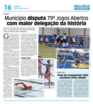 interior
Município disputa 79º Jogos Abertos
com maior delegação da história
No total, entre atletas, técnicos e pessoal de
apoio, a Cidade levará 190 pessoas a Barretos,
onde as disputas serão realizadas
G
uarujá vai levar a
maior delegação de
sua história para o
79º Jogos Abertos do
Interior Horácio Baby Barioni, que
acontecerá de 30 de novembro a
12 de dezembro, em Barretos, no
interior do Estado. No total, se-
rão 190 pessoas, sendo 176 atletas
e técnicos e 14 profissionais de
apoio, entre motoristas, médicos,
fisioterapeutas, cozinheiras, e
pessoal de limpeza.
“É uma responsabilidade
muito grande levar todo esse
pessoal para a competição, pois,
como ficamos alojados em es-
colas, temos que levar tudo,
desde nosso alimento até nossos
médicos, caso ocorra alguma ne-
cessidade. Mas está tudo pronto
para partirmos neste domingo,
29, para Barretos”, disse o diretor
de Esporte e chefe da delegação
de Guarujá.
O 79º Jogos Abertos tem rea-
lização da Secretaria de Esportes,
Lazer e Juventude do Estado de
São Paulo, por meio da Coorde-
nadoria de Esportes. Esta edição
reunirá cerca de 9,6 mil atletas,
de 145 municípios do Estado,
separados por: Divisão Especial,
Primeira e Segun-
da. A competição
é considerada o
maior evento es-
portivo da Amé-
rica Latina.
Guarujá com-
petirá na 2ª Divi-
são em 19 modali-
dades entre: mas-
culino, feminino
e ACD (atleta
com deficiência):
atletismo, biribol,
bocha, boxe, ca-
O campeonato que reúne
todos os clubes de jogadores
de 50 anos, chegou na etapa
final. Neste sábado, 28, será
realizada a final do Campeonato
Veterano 50ão, com Bate Fácil
X Jardim Boa Esperança, a
partir das 9 horas, no campo
do Bate Fácil, que fica na Rua
Leonidas Castilho de Souza,
522, no Jardim Conceiçãozi-
nha (atrás do Supermercado
Roldão). A entrada é gratuita.
O evento é organizado pelo
Clube Bate Fácil, com apoio
da Secretaria Municipal de
Esporte e Lazer. A partida con-
tará com ex-profissionais do
futebol brasileiro, como Ma-
çarico, do Jabaquara, e Paulo
Leme, do Santos, que receberá
o troféu de melhor artilheiro.
No dia, haverá ainda uma ho-
menagem ao ex-presidente do
Clube Bate Fácil, Marcelo Va-
lente, falecido no ano passado.
Final do Campeonato 50ão
acontece neste sábado
bate fácil
poeira, ciclismo, futebol, ginás-
tica artística, ginástica ritmica,
handebol, caratê, kickboxing,
malha, natação, taekwondo tênis
de mesa, vôleibol e xadrez.
O secretário de Esporte e
Lazer de Guarujá está confiante
num bom resultado. “Nossa ex-
pectativa é ficar entre os três pri-
meiros da nossa divisão. Estamos
levando nossos melhores atletas
e acreditamos que eles lutarão
bastante para vencer. De nossa
parte, graças aos esforços da che-
fe do Executivo, ofereceremos a
estrutura necessária para que eles
possam dar o seu melhor”.
CONGRESSO TÉCNICO
No último dia 21, o diretor
municipal de Atividades Físicas
e de Lazer esteve em Barretos.
Ele participou do Congresso
Técnico, que definiu a tabela
de competições por sorteio de
grupos, cruzamento das equipes,
além da confirmação das mo-
dalidades. “Está tudo pronto e
estamos muito felizes por termos
a maior delegação classificada
da história esportiva de nossa
Cidade”, finalizou.
RobertoSanderJr.FotosArquivo/PMG
SÁBADO
28 de novembro de 2015
16 GUARUJÁ
Diário Oficial
 