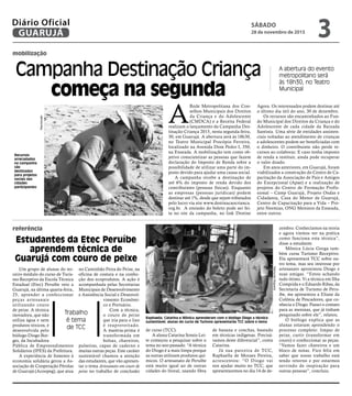 Um grupo de alunas do ter-
ceiro módulo do curso de Turis-
mo Receptivo da Escola Técnica
Estadual (Etec) Peruíbe veio a
Guarujá, na última quarta-feira,
25, aprender a confeccionar
peças artesanais
utilizando couro
de peixe. A técnica
inovadora, que não
utiliza água e nem
produtos tóxicos, é
desenvolvida pelo
biólogo Diogo Bor-
ges, da Incubadora
Pública de Empreendimentos
Solidários (IPES) da Prefeitura.
A experiência de fomento à
economia solidária gerou a As-
sociação de Cooperação Pérolas
de Guarujá (Acoopeg), que atua
no Caminhão Feira do Peixe, na
oficina de costura e na confec-
ção dos ecoprodutos. A ação é
acompanhada pelas Secretarias
Municipais de Desenvolvimento
e Assistência Social e Desenvol-
vimento Econômi-
co e Portuário.
Com a técnica,
o couro de peixe
que iria para o lixo
é reaproveitado.
A matéria-prima é
transformada em
bolsas, chaveiros,
pulseiras, capas de caderno e
muitas outras peças. Este caráter
sustentável chamou a atenção
das estudantes, que vão apresen-
tar o tema Artesanato em couro de
peixe no trabalho de conclusão
mobilização
referência
Campanha Destinação Criança
começa na segunda
Estudantes da Etec Peruíbe
aprendem técnica de
Guarujá com couro de peixe
A abertura do evento
metropolitano será
às 18h30, no Teatro
Municipal
Trabalho
é tema
de TCC
Raphaella, Catarina e Mônica aprenderam com o biológo Diogo a técnica
sustentável; alunas do curso de Turismo apresentarão TCC sobre o tema
Recursos
arrecadados
na campanha
são
destinados
para projetos
sociais das
cidades
participantes
RaimundoNogueira
de curso (TCC).
A aluna Catarina Sossio Lei-
te começou a pesquisar sobre o
tema no ano passado. “A técnica
do Diogo é a mais limpa porque
as outras utilizam produtos quí-
micos. O artesanato de Peruíbe
está muito igual ao de outras
cidades do litoral, usando fibra
de banana e conchas, baseado
em técnicas indígenas. Precisá-
vamos deste diferencial”, conta
Catarina.
Já sua parceira de TCC,
Raphaella de Moraes Pereira,
acrescentou: “O Diogo vai
nos ajudar muito no TCC, que
apresentaremos no dia 14 de de-
zembro. Conhecíamos na teoria
e agora viemos ver na prática
como funciona esta técnica”,
disse a estudante.
Mônica Lúcia Gorga tam-
bém cursa Turismo Receptivo.
Ela apresentará TCC sobre ou-
tro tema, mas seu interesse por
artesanato aproximou Diogo e
suas amigas. “Estou achando
tudo ótimo. Vi a técnica em Ilha
Comprida e o Eduardo Ribas, da
Secretaria de Turismo de Peru-
íbe, me apresentou a Eliane da
Colônia de Pescadores, que co-
nhecia o Diogo. Passei o contato
para as meninas, que já tinham
pesquisado sobre ele”, relatou.
O biólogo explica que as
alunas estavam aprendendo o
processo completo: limpar de
peixe, curtir (transformar em
couro) e confeccionar as peças.
“Vamos fazer chaveiros e um
bloco de notas. Fico feliz em
saber que nosso trabalho está
tendo retorno e por estarmos
servindo de inspiração para
outras pessoas”, concluiu.
A
Rede Metropolitana dos Con-
selhos Municipais dos Direitos
da Criança e do Adolescente
(CMDCA) e a Receita Federal
realizam o lançamento da Campanha Des-
tinação Criança 2015, nesta segunda-feira,
30, em Guarujá. A abertura será às 18h30,
no Teatro Municipal Procópio Ferreira,
localizado na Avenida Dom Pedro I, 350,
na Enseada. A mobilização tem como ob-
jetivo conscientizar as pessoas que fazem
declaração do Imposto de Renda sobre a
possibilidade de utilizar uma parte do im-
posto devido para ajudar uma causa social.
A campanha recebe a destinação de
até 6% do imposto de renda devido dos
contribuintes (pessoas físicas). Enquanto
as empresas (pessoas jurídicas) podem
destinar até 1%, desde que sejam tributados
pelo lucro via site www.destinacaocrianca.
org.br. A emissão do boleto pode ser fei-
ta no site da campanha, no link Destine
Agora. Os interessados podem destinar até
o último dia útil do ano, 30 de dezembro.
Os recursos são encaminhados ao Fun-
do Municipal dos Direitos da Criança e do
Adolescente de cada cidade da Baixada
Santista. Uma série de entidades assisten-
ciais voltadas ao atendimento de crianças
e adolescentes podem ser beneficiadas com
o dinheiro. O contribuinte não perde re-
cursos ao colaborar. E caso tenha imposto
de renda a restituir, ainda pode recuperar
o valor doado.
Em anos anteriores, em Guarujá, foram
viabilizados a construção do Centro de Ca-
pacitação da Associação de Pais e Amigos
do Excepcional (Apae) e a realização de
projetos do Centro de Formação Profis-
sional – Camp Guarujá, Projeto Ondas e
Cidadania, Casa do Menor de Guarujá,
Centro de Capacitação para a Vida – Pro-
jeto Neemias, ONG Meninos da Enseada,
entre outros.
Reprodução
SÁBADO
28 de novembro de 2015
3GUARUJÁ
Diário Oficial
 