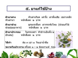 ๕ .  ยาแก้ไข้ป้าง ตัวยาตรง   หัวเต่าเกียด  เต่ารั้ง  เถาลิ้นเสือ  เขม่าเหล็ก  หัวเต่านา หนักสิ่งละ  ๒  บาท ตัวยาช่วย   ลูกมะระขี้นก  เถากระพังโหม  ( ช่วยแก้ไข้  ช่วยย่อยอาหาร ) หนักสิ่งละ  ๒  บาท ตัวยาประกอบ   ใบกระเพรา  หัวข้าวเย็นทั้ง ๒  ( ช่วยขับลม  แก้อักเสบ ) หนักสิ่งละ  ๒  บาท วิธีทำ   ต้ม ๓ เอา ๑  รินเอาน้ำดื่ม ขนาดรับประทาน  ครั้งละ ๑ – ๒ ช้อนกาแฟ  ก่อนอาหาร ๓ เวลา สรรพคุณ   แก้ไข้ป้าง  ( ผลมาจากไข้มาเลเรียเรื้อรัง  ทำให้ตับโต )   แก้ม้ามย้อย  ม้ามแลบ  ตับทรุด  ตับโต 