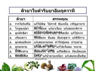 ตัวยาในตำรับยาอัมฤควาที ตัวยา สรรพคุณ รากไคร้เครือ แก้ไข้พิษ  ไข้กาฬ  ขับเหงื่อ  เจริญอาหาร  ชูกำลัง โกฐพุงปลา สมานแผล  แก้อาเจียน  แก้เสมหะพิการ  แก้บิดมูกเลือด  ลงแดง ลูกผักชีลา ขับลม  แก้อาเจียน  แก้สะอึก  แก้ไข้จากทราง เทียนขาว ขับเสมหะ  ขับลม  ขับระดูขาว  แก้ดีพิการ ลูกสมอพิเภก แก้เสมหะจุกคอ  ทำให้ชุ่มคอ  บำรุงธาตุ  แก้ไข้  แก้ริดสีดวง ลูกมะขามป้อม แก้เสมหะ  แก้ไอ  แก้ไข้เจือลม  ระบายท้อง  ฟอกโลหิต น้ำประสานทองสะตุ ขับเสมหะ  แก้ไอ  แก้ริดสีดวง  กัดเม็ดยอดในปาก ชะเอมเทศ แก้ไอ  แก้น้ำลายเหนียว  แก้เสมหะเป็นพิษ  บำรุงปอด 