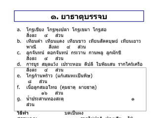๑ .  ยาธาตุบรรจบ โกฐเชียง  โกฐพุงปลา  โกฐเขมา  โกฐสอ สิ่งละ  ๔  ส่วน เทียนดำ  เทียนแดง  เทียนขาว  เทียนสัตตบุษย์  เทียนเยาวพาณี สิ่งละ  ๔  ส่วน ลูกจันทน์  ดอกจันทน์  กระวาน  กานพลู  ลูกผักชี สิ่งละ  ๔  ส่วน การบูร  สมุลแว้ง  เปราะหอม  ดีปลี  ใบพิมเสน  รากไคร้เครือ สิ่งละ  ๔  ส่วน โกฐก้านพร้าว  ( แก้เสมหะเป็นพิษ )   ๘  ส่วน เนื้อลูกสมอไทย  ( คุมธาตุ  ผายธาตุ )   ๑๖  ส่วน น้ำประสานทองสะตุ   ๑  ส่วน วิธีทำ   บดเป็นผง สรรพคุณ   ธาตุไม่ปกติ  ท้องเสีย ใช้เปลือกแค  เปลือกสะเดา  เปลือกลูกทับทิม ต้มกับน้ำปูนใส แก้ท้องขึ้น  ท้องเฟ้อ ใช้กระเทียม ๓ กลีบ  ทุบชงน้ำร้อนหรือใบกะเพรา ต้มเป็นน้ำกระสาย ขนาดรับประทาน  ก่อนอาหาร ๓ เวลา เด็ก  ครั้งละ ๑ / ๒ ช้อนกาแฟ ผู้ใหญ่  ครั้งละ ๑ ช้อนกาแฟ 