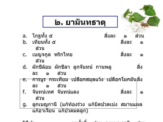 ๒ .  ยามันทธาตุ โกฐทั้ง ๕ สิ่งละ  ๑  ส่วน เทียนทั้ง ๕ สิ่งละ  ๑  ส่วน เบญจกูล  พริกไทย สิ่งละ  ๑  ส่วน ผักชีล้อม  ผักชีลา  ลูกจันทน์  กานพลู สิ่งละ  ๑  ส่วน การบูร  กระเทียม  เปลือกสมุลแว้ง  เปลือกโมกมัน สิ่งละ  ๑  ส่วน จันทน์เทศ  จันทน์แดง สิ่งละ  ๑  ส่วน ลูกเบญกานี  ( แก้ท้องร่วง  แก้บิดปวดเบ่ง  สมานแผล  แก้อาเจียน  แก้ปวดมดลูก ) วิธีทำ   ยาทั้งนี้ ๑ ส่วน  ลูกเบญกานี ๓ ส่วน  บดเป็นผง สรรพคุณ   แก้ธาตุไม่ปกติ  แก้ท้องขึ้นท้องเฟ้อ ขนาดรับประทาน  วันละ ๓ ครั้งก่อนอาหาร  เด็กครั้งละ  ๑ / ๒  ช้อนกาแฟ   ผู้ใหญ่ครั้งละ  ๑  ช้อนกาแฟ 
