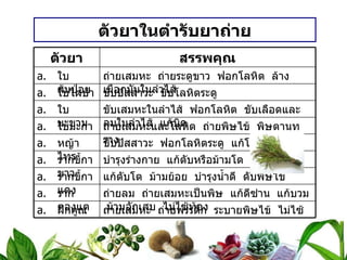 ตัวยาในตำรับยาถ่าย ตัวยา สรรพคุณ ใบส้มป่อย ถ่ายเสมหะ  ถ่ายระดูขาว  ฟอกโลหิต  ล้างเมือกมันในลำไส้ ใบไผ่ป่า ขับปัสสาวะ  ขับโลหิตระดู ใบมะขาม ขับเสมหะในลำไส้  ฟอกโลหิต  ขับเลือดและลมในลำไส้  แก้บิด ใบมะกา ถ่ายเสมหะและโลหิต  ถ่ายพิษไข้  พิษตานทราง หญ้าไทร ขับปัสสาวะ  ฟอกโลหิตระดู  แก้โลหิต รากขี้กาขาว บำรุงร่างกาย  แก้ตับหรือม้ามโต รากขี้กาแดง แก้ตับโต  ม้ามย้อย  บำรุงน้ำดี  ดับพิษไข้ รากตองแตก ถ่ายลม  ถ่ายเสมหะเป็นพิษ  แก้ดีซ่าน  แก้บวม  ม้ามอักเสบ  ไม่ไซ้ท้อง ฝักคูณ ถ่ายเสมหะ  ถ่ายพรรดึก  ระบายพิษไข้  ไม่ไซ้ท้อง 