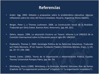 Referencias Ander- Egg. 2005. Debates y propuestas sobre la problemática educativa: Algunas reflexiones sobre los retos del futuro inmediato. Rosario, Argentina: Homo Sapiens. Berger, Peter L; y Thomas Luckmann. 2006. La Construcción Social de la Realidad. Traducido por Silvia Zuleta. Buenos Aires: Amorrortu. (pp. 64- 161). Delors, Jaques. 1996. La educación Encierra un Tesoro. Informe a la UNESCO de la Comisión Internacional sobre la Educación para el siglo XXI: UNESCO.  Popkewitz, Thomas S. 2000. Sociología Política de las Reformas Educativas. Traducido por Pablo Manzano. 3ª ed. Espana: Fundación Paidea y Ediciones Morata. (Caps. I y VII, pp. 25- 57; 236- 266) Ramió, Carles. (2002). Teoría de la Organización y Administración Pública. España: Tecnos/ Universitat Pompeu Fabra, (pp. 66- 70). Mintzberg, Henry (1989). Mintzberg y la Dirección. Madrid: Ediciones Díaz de Santos (Capitulo 10 “La organización profesional” y Capitulo 11 “La organización innovadora”). 