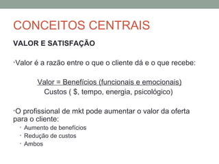 CONCEITOS CENTRAIS
VALOR E SATISFAÇÃO
•Valor é a razão entre o que o cliente dá e o que recebe:

Valor = Benefícios (funcionais e emocionais)
Custos ( $, tempo, energia, psicológico)
•O profissional de mkt pode aumentar o valor da oferta

para o cliente:

• Aumento de benefícios
• Redução de custos
• Ambos

 