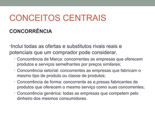 CONCEITOS CENTRAIS
CONCORRÊNCIA
•Inclui todas as ofertas e substitutos rivais reais e

potenciais que um comprador pode considerar.
• Concorrência de Marca: concorrentes as empresas que oferecem

produtos e serviços semelhantes por preços similares;
• Concorrência setorial: concorrentes as empresas que fabricam o
mesmo tipo de produto ou classe de produtos;
• Concorrência de forma: concorrente as e,presas fabricantes de
produtos que oferecem o mesmo serviço como suas concorrentes;
• Concorrência genérica: todas as empresas que competem pelo
dinheiro dos mesmos consumidores.

 