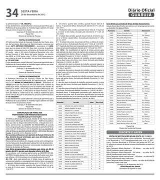 34                    sexta-feira
                      28 de dezembro de 2012
                                                                                                                                                                                       Diário Oficial
                                                                                                                                                                                        GUARUJÁ
so administrativo nº 36.160/2012.                                       II - 24 (vinte e quatro) dias corridos, quando houver tido de 6           Sem direito ao período de férias devido afastamentos
O não atendimento a este Edital de Convocação permitirá que a           (seis) a 14 (quatorze) faltas; (Incluído pelo Decreto-lei nº 1.535, de    Segue abaixo planilha dos servidores, com emprego pertencente
Prefeitura de Guarujá adote as medidas legais cabíveis em razão         13.4.1977)                                                                ao QUADRO DO MAGISTÉRIO:
do que consta no processo citado..                                      III - 18 (dezoito) dias corridos, quando houver tido de 15 (quinze)         Prontuário                 Servidor             Afastamento
               Guarujá, 27 de dezembro de 2012.                         a 23 (vinte e três) faltas; (Incluído pelo Decreto-lei nº 1.535, de
                                                                                                                                                      16803      Adriana Fernandes Costa                LSV
                           Flavio Poli                                  13.4.1977)
                 Diretor de Gestão de Pessoas                           IV - 12 (doze) dias corridos, quando houver tido de 24 (vinte e qua-          12850      Alcirene Rodrigues da Silva        Aux. Doença
                                                                        tro) a 32 (trinta e duas) faltas.  (Incluído pelo Decreto-lei nº 1.535,       10445      Alice Satiko Shiguemoto               Faltas
                  EDITAL DE CONVOCAÇÃO                                  de 13.4.1977)                                                                 16313      Ana Flavia Viana B. Araújo         Aux. Doença
A Prefeitura Municipal de Guarujá, Estado de São Paulo, atra-           § 1º - É vedado descontar, do período de férias, as faltas do empre-          14524      Ana Maria Pereira Ierizzi          Aux. Doença
vés da Secretaria Municipal de Administração, convoca o(a)              gado ao serviço.  (Incluído pelo Decreto-lei nº 1.535, de 13.4.1977)          10497      Ana Paula Manso Goes               Aux. Doença
Sr.(a.) JACY ANTONIO FERNANDES – prontuário nº 3.390,                   § 2º - O período das férias será computado, para todos os efeitos, como       18092      Ana Ruth de Souza Lichtner         Aux. Doença
para que no prazo de três (03) dias úteis a contar da publica-          tempo de serviço.(Incluído pelo Decreto-lei nº 1.535, de 13.4.1977)
                                                                                                                                                      12026      Angel Mozdzenski Tangarelli        Aux. Doença
ção deste, compareça junto a Diretoria de Gestão de Pessoas             Art.  130-A - Na modalidade do regime de tempo parcial, após
(2º andar - sala nº 65), desta Prefeitura Municipal, sito a Av.         cada período de doze meses de vigência do contrato de trabalho,               6561       Antonio Eduardo Santos                 LSV
Santos Dumont, n° 640, Bairro do Santo Antonio, no horário              o empregado terá direito a férias, na seguinte proporção: (Incluído           7902       Assis Born Muniz                   Aux. Doença
das 08:00 às 12:00 horas e das 15:00 às 18:00 horas para to-            pela Medida Provisória nº 2.164-41, de 2001)                                  12105      Carla Cristina A. B. Alvarez       Aux. Doença
mar ciência do que foi decidido no processo administrativo              I  -  dezoito dias, para a duração do trabalho semanal superior a             12885      Carlos Augusto F Ribeiro              Faltas
nº 12.502/1998.                                                         vinte e duas horas, até vinte e cinco horas; (Incluído pela Medida            6037       Carmen Silvia Correia de Souza         LSV
O não atendimento a este Edital de Convocação permitirá que a           Provisória nº 2.164-41, de 2001)
                                                                                                                                                      15864      Célia Regina G. Fugazza            Aux. Doença
Prefeitura de Guarujá adote as medidas legais cabíveis em razão         II - dezesseis dias, para a duração do trabalho semanal superior a
                                                                                                                                                      10986      Claudia da Silva M Martini            Faltas
do que consta no processo citado.                                       vinte horas, até vinte e duas horas; (Incluído pela Medida Provisória
               Guarujá, 21 de dezembro de 2012.                         nº 2.164-41, de 2001)                                                         16033      Claudia Ladvocat                   Aux. Doença
                           Flavio Poli                                  III - quatorze dias, para a duração do trabalho semanal superior a            12037      Claudia Monteiro Vieira            Aux. Doença
                 Diretor de Gestão de Pessoas                           quinze horas, até vinte horas; (Incluído pela Medida Provisória nº            12968      Cleonice de Castro Rabelo          Aux. Doença
                                                                        2.164-41, de 2001)                                                            12988      Edileuza Andrade Santos            Aux. Doença
                  EDITAL DE CONVOCAÇÃO                                  IV - doze dias, para a duração do trabalho semanal superior a dez             13182      Fabiana Paulino da Silva               LSV
A Prefeitura Municipal de Guarujá, Estado de São Paulo,                 horas, até quinze horas; (Incluído pela Medida Provisória nº 2.164-
                                                                                                                                                      13108      Fernanda Manzione L. Morone        Aux. Doença
através da Secretaria Municipal de Administração, convoca               41, de 2001)
                                                                        V - dez dias, para a duração do trabalho semanal superior a cinco             14803      Julio Cesar Benedito Paulino          Faltas
o(a) Sr.(a.) MONICA CARVALHO A. E SILVA – prontuário nº
12.323, para que no prazo de três (03) dias úteis a contar da           horas, até dez horas; (Incluído pela Medida Provisória nº 2.164-41,           13214      Luciana Ferro K Santana            Aux. Doença
publicação deste, compareça junto a Diretoria de Gestão de              de 2001)                                                                      14875      Marcelo Severiono Neves               Faltas
Pessoas (2º andar - sala nº 65), desta Prefeitura Municipal, sito       VI - oito dias, para a duração do trabalho semanal igual ou inferior a        12087      Márcia Vieira do Nascimento        Aux. Doença
a Av. Santos Dumont, n° 640, Bairro do Santo Antonio, no ho-            cinco horas. (Incluído pela Medida Provisória nº 2.164-41, de 2001)           14878      Maria Nelida de Mello e Souza      Aux. Doença
rário das 08:00 às 12:00 horas e das 15:00 às 18:00 horas para          Parágrafo único.  O empregado contratado sob o regime de tem-                 14826      Patapio da Silva Souza                Faltas
tomar ciência do que foi decidido no processo administrativo            po parcial que tiver mais de sete faltas injustificadas ao longo do
                                                                                                                                                      12787      Patricia Carla L Zitei Silva           LSV
nº 15.436/2004.                                                         período aquisitivo terá o seu período de férias reduzido à metade.
                                                                        (Incluído pela Medida Provisória nº 2.164-41, de 2001)                        10612      Regina Bezerra Marques                Faltas
O não atendimento a este Edital de Convocação permitirá que a
Prefeitura de Guarujá adote as medidas legais cabíveis em razão                                                                                       10566      Regina Helena da Costa Benelli     Aux. Doença
do que consta no processo citado.                                        Prontuário                Servidor               Faltas   Dias a Fruir       8321       Rosa de Oliveira                   Aux. Doença
               Guarujá, 21 de dezembro de 2012.                                                                                                       15894      Rosana Baltazar Almeida            Aux. Doença
                                                                           16220      ADRIANA DOS SANTOS FERREIRA           6          24
                           Flavio Poli                                                                                                                10568      Rosangela dos Santos               Aux. Doença
                 Diretor de Gestão de Pessoas                              12937      ANDRE HENRIQUE DA SILVA              10          24
                                                                                                                                                      12844      Roselayne DuarteAmmirabile         Aux. Doença
                                                                           12913      BERNADETE C S SANTOS                 21          18
                                                                                                                                                      12152      Sandra Regina Cavalcante           Aux. Doença
                  COMUNICAÇÃO DE FÉRIAS DOS                                16822      CARLOS ROBERTO DE MESSIAS             6          24
                                                                                                                                                      3623       Shirley Oliveira Vilar                Faltas
           PROFESSORES COM PERÍODOS REDUZIDOS                              10599      CATIA CILENE CAPELLO                 14          24
                   (republicação por incorreção)                           12040      CRISTIANE GOMES IGREJAS              29          12
                                                                                                                                                      12097      Tereza Florentino de S. Leite      Aux. Doença
A Prefeitura Municipal de Guarujá, Estado de São Paulo, através                                                                                       10670      Valdilirio Rubens do Amparo        Aux. Doença
                                                                           13205      DAPHNE GRANGEIRO ULHOA               25          12
da Secretaria Municipal de Administração – ADM torna público,                                                                                         10619      Valéria Prudente Gonçalves         Aux. Doença
para que não se alegue desconhecimento, a relação dos servi-               9872       ELIAS MIKHAIL DERATANI                7          24
                                                                                                                                                      10594      Vilma Maria de Souza F de Souza       Faltas
dores, pertencentes ao QUADRO DO MAGISTÉRIO, de acordo                     16162      GISLENE AP. ZANQUETTIN LIMA          19          18
com a programação para fruição autorizada do período de férias             13267      JOSE EDUARDO DE MELO BARROS          32          12                                     Flavio Poli
com início em 02 de janeiro 2013, daqueles que, ou não têm di-                                                                                                       Diretor de Gestão de Pessoas
                                                                           16241      JOSIMAR BALBINO DE O. JUNIOR         29          12
reito às férias, ou que têm período inferior a 30 (trinta) dias para       16356      LEOMAR VALVERDE ARAUJO NETA          25          12
fruição, de acordo com o disposto na CLT.                                  14946      LUCIANA DA COSTA PINTO BARBOSA       11          24
                                                                                                                                                                    esporte e lazer
No caso dos professores com período de fruição inferior a 30
dias, deverão buscar orientação para suas atividades, junto
                                                                           15057      MARIA FERNANDA T. DOS S. RIBEIRO     15          24              EDITAL DE NOTIFICAÇÃO BOLSA ATLETA Nº 13 /2012
a Secretaria de Educação.                                                  13134      MARIA JOSE GUIDA MENDES              12          24         No uso das atribuições legais a mim conferidas, de acordo com
Para os demais servidores em situação normal, sem contingencia-            16144      MARIA VALERIA M. MANCUSO             16          18         a Lei Municipal nº 3.815 complementada com a Lei nº 3827 ,
mento, farão parte da publicação habitual do mês de dezembro.              3665       MARIA VILMA SANTANA                  14          24         com o Decreto Municipal nº 9708 de 6 de janeiro de 2012 art.
Qualquer divergência deverá ser comunicado imediatamente à                                                                                        4º, informa o número de bolsas a serem distribuídas no exercício
                                                                           7169       MARLY GOMES DA SILVA                 24          12
Diretoria de Gestão de Pessoas.                                                                                                                   de 2.013:
                                                                           12972      NEILTON DOS SANTOS                    6          24
Com férias programadas autorizadas para início em 02 de                                                                                           Bolsa Categoria Atleta Estadual – 109 bolsas - no valor de R$
                                                                           17008      REBECA SILVA LARANJEIRA              11          24         300,00 (trezentos reais) cada uma;
janeiro de 2013, porém com duração inferior a 30 dias
Os servidores, com emprego pertencente ao QUADRO DO MA-                    12952      REGINA COSTA DAMIN                   13          24         Bolsa Categoria Atleta Nacional – 26 bolsas - no valor de R$
GISTÉRIO, listados abaixo, têm seu período de fruição com dura-            13237      RODNEY DE SOUZA RODRIGUES            18          18         400,00 (quatrocentos reais) cada uma;
ção inferior a 30 (trinta dias), em virtude do previsto na CLT:            12534      ROSANA ALBANO DOS SANTOS ABREU       27          12         Bolsa Categoria Atleta Internacional – 18 bolsas – no valor de R$
Art. 130 - Após cada período de 12 (doze) meses de vigência do             11462      SANDRA LUCIO P. SILVEIRA             25          12
                                                                                                                                                  500,00 (quinhentos reais) cada uma;
contrato de trabalho, o empregado terá direito a férias, na seguinte                                                                              Bolsa Categoria Atleta Olímpico –1 bolsa – no valor de R$ 600,00
                                                                           18248      SIMONE AP. ALMEIDA DOS STOS.          6          24
proporção: (Redação dada pelo Decreto-lei nº 1.535, de 13.4.1977)                                                                                 (seiscentos reais) cada uma.
                                                                           13109      VALERIO ALVARES REBOUCAS              8          12                        Guarujá, 27 de dezembro de 2012.
I - 30 (trinta) dias corridos, quando não houver faltado ao servi-
ço mais de 5 (cinco) vezes;   (Incluído pelo Decreto-lei nº 1.535, de
                                                                           7891       VERA LUCIA JACINTO                   21          18                             Elson Maceió dos Santos
13.4.1977)                                                                 5839       WALQUIRIA ANTUNES                     9          24                            Secretário de Esporte e Lazer
 