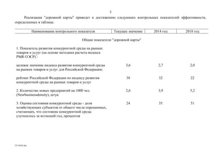 3
     Реализация "дорожной карты" приведет к достижению следующих контрольных показателей эффективности,
определенных в таблице.

               Наименование контрольного показателя         Текущее значение   2014 год     2018 год

                                           Общие показатели "дорожной карты"

 1. Показатель развития конкурентной среды на рынках
 товаров и услуг (на основе методики расчета индекса
 PMR ОЭСР)*:

 целевое значение индекса развития конкурентной среды              3,6           2,7          2,0
 на рынках товаров и услуг для Российской Федерации;

 рейтинг Российской Федерации по индексу развития                  38            32           22
 конкурентной среды на рынках товаров и услуг

 2. Количество новых предприятий на 1000 чел.                      2,6           3,9          5,2
 (Newbusinessdensity), штук

 3. Оценка состояния конкурентной среды - доля                     24            35           51
 хозяйствующих субъектов от общего числа опрошенных,
 считающих, что состояние конкурентной среды
 улучшилось за истекший год, процентов




22110242.doc
 