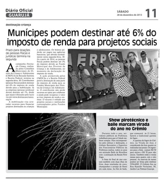 Diário Oficial
GUARUJÁ

sábado

28 de dezembro de 2013

11

destinação criança

Munícipes podem destinar até 6% do
imposto de renda para projetos sociais

A

Reprodução

campanha Destinação Criança, realizada pelos Conselhos
Municipais do Direito da Criança e Adolescente
(CMDCA) da Baixada Santista
e Receita Federal, termina na
segunda-feira, 30. Contribuintes
(pessoas físicas) podem destinar
até 6% do imposto de renda
devido para a mobilização. Já
as empresas (pessoas jurídicas)
devem destinar até 1%, desde
que sejam tributados pelo lucro
via site www.destinacaocrianca.
org.br.
A mobilização visa arrecadar recursos para financiar
projetos destinados às crianças

e adolescentes. Os boletos poderão ser pagos nas agências
bancárias, que abrirão normalmente nesta segunda-feira, 30.
Já a partir de 2014, as pessoas
físicas podem destinar até 3%
do imposto devido ao Fundo
Municipal dos Direitos da
Criança e do Adolescente, no
momento da declaração do
imposto de renda.
A ação promovida pelos
CMDCAs e a Receita Federal
prevê a destinação de uma parte
do imposto de renda para os
Fundos Municipais dos Direitos da Criança e do Adolescente. O contribuinte não perde
recursos ao optar por colaborar
e ainda pode recuperar o valor
se tiver imposto de renda a restituir. O recurso é voltado aos
projetos sociais e instituições
contemplados pelos Fundos
Municipais.

Pedro Rezende

Prazo para doações
de pessoas físicas e
jurídicas termina na
segunda

Show pirotécnico e
baile marcam virada
do ano no Grêmio
Durante todo o ano, servidores públicos da Prefeitura
trabalham para que a Cidade melhore sempre. Para recompensálos pelo esforço e dedicação, o
Grêmio Recreativo e Esportivo
dos Funcionários Públicos da
Prefeitura realiza, todos os anos
um animado Baile de Réveillon
com a animação da Banda New
Zago.
A festa de final de ano contará também com duas ilhas de
frios, duas toneladas de coco,
champanhes e arranjo de flores
em cada mesa. Ao fim do baile,

que começará às 21 horas,
haverá a tradicional queima
de fogos .
A queima de fogos do Grêmio, na Virada do Ano, é
considerada tão boa quanto as
realizadas nas praias. Os ingressos para a festa custam R$ 50
para sócios e R$ 70 para não
sócios. Também estão à venda
mesas para quatro, seis e oito
pessoas. As reservas de mesas
podem ser feitas pelo telefone
3354-6202. O Grêmio fica na
Rua Ranulfo Veríssimo, 50,
Jardim Las Palmas-Guarujá.

 