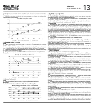 Diário Oficial
GUARUJÁ
medida, houve um aumento de crianças, nesta faixa etária, atendidas nas unidades conveniadas.
Resultados
 Atualmente atende-se 3.264 alunos (19,97%) da população de 0 a 3 anos, com recursos públicos municipais, conforme gráfico:

1.1.2 Educação Infantil – Pré-Escola
Ações
 Obras em andamento para construção de duas escolas de Educação Infantil, nos bairros da
Vila Edna e Cidade Atlântica.
 Construção programada de duas unidades de educação infantil pelo Programa Pró-infância
(PAC 2) do Governo Federal, nos bairros da Vila Ligia e do Perequê, cuja verba já foi recebida.
 Construção programada de uma unidade de educação infantil pelo Programa Creche-Escola
do Governo Estadual, no bairro da Vila Rã.
 Está prevista a ampliação da E.M. Adelaide Fernandes, em 3 salas, com verba já destinada.
Resultados

1.1.3 Ensino Fundamental
Ações
 Obra em andamento de uma escola de Ensino Fundamental, em Morrinhos.
Resultados
 Atualmente atende-se 22.403 alunos de 6 a 14 anos, conforme gráfico:

sábado

28 de dezembro de 2013

13

1.2 Qualidade da Educação Básica
1.2.1 Contratação de profissionais
 Foram contratados professores, inspetores, agentes de serviços gerais, agentes de serviços
alimentar, secretários de escola, psicólogos, psicopedagogos.
 Foram contratados, por prazo determinado, 126 professores de Educação Infantil e Ensino
Fundamental a partir de janeiro de 2013.
 Contratação de 18 intérpretes através de terceirização pela Congregação dos Surdos (atendendo 7 unidades); 3 instrutores de libras (atendendo 5 polos).
1.2.2 Apoio Social
 Merenda Escolar: todos os alunos da rede escolar pública de Guarujá são beneficiados com
oferta regular de merenda escolar. Neste ano, está sendo implantado o projeto “Relógio Biológico”
que visa contribuir para formação de hábitos saudáveis nas escolas. A ação deve estar prevista
nos PPPs das unidades de acordo com a Resolução nº 26/13-FNDE e objetiva regular o horário
das refeições oferecidas pelas unidades escolares ao relógio biológico dos estudantes. Hoje há 6
nutricionistas para desenvolvimento saudável da alimentação e para a elaboração dos cardápios,
verificação do preparo nas unidades municipais, estaduais e entidades. A implantação desse sistema pelo método misto resultou em elevação do investimento em merenda, seja pelo salto em
qualidade, seja pela quantidade e porcionamento dos pratos.
 Há oferta de lanches para alunos da E.M. 1º de Maio, que fazem o curso técnico vinculado ao
SENAI, em Cubatão.
 Material Escolar: Disponibilizado para todos os alunos da rede municipal.
 Transporte:
• Atendimento da rede municipal: EM Benedicta Blac x Perequê; EM Maria Regina x Sitio Conceiçãozinha; Constantino X Hugo; Guilherme Furlani X Ernesto Pereira; Joana X Maria Regina; João de
Oliveira/ Guilherme Furlani X Ernesto Pereira.
• Atendimento da rede estadual: EE Pastor Francisco Paiva x Jardim Conceiçãozinha. Atendimento
de alunos com necessidades especiais, de acordo com o contrato, para as unidades.
• Transporte para alunos de baixa renda (passe livre) e transporte escolar para os alunos da E.M. 1º
de Maio, vinculados aos cursos SENAI em Cubatão.
• Aquisição de 4 veículos escolares adaptados, tipo ônibus, para atendimento da rede escolar, com
entrega prevista para 2013.
1.2.3 Educação Integral
1.2.3.1 Atividades Educacionais complementares (contraturno escolar)
 Programa Mais educação, com atendimento de 1625 alunos, sendo que no ano de 2013, quatro unidades escolares adicionais foram contempladas com o programa, tendo ainda a previsão de
expansão para mais sete unidades em 2014;
 Programa Segundo tempo, com atendimento de 1057 alunos no ano de 2013, teve o contrato
prorrogado até 31/12/2013.
 Atendimento ampliado nos CAECs promovendo a inclusão social e o exercício da cidadania.
 Reorganização do atendimento educacional especializado para os alunos cegos e com baixa
visão. Implementação do Projeto Pontinhos visando o ensino do Braile.
 Projeto Autores que Encantam, Projeto Ler Faz Bem, Projeto A Magia e o Encanto dos Livros e
Horta Fitoterápica.

Projeto Itinerante Autores que Encantam, através da Biblioteca Municipal Geraldo Ferraz.
Público alvo: alunos do 1º ao 5º ano, inseridos nas bibliotecas escolares.
 Projeto Inter-ação, realizado pela ONG Roda Dançante, a partir de programa de subvenção
com a Prefeitura de Guarujá. O projeto está disputando o prêmio do UNICEF.
 Projeto-piloto “Creche em Casa”, em parceria com a Secretaria de Desenvolvimento Social, oferece formação a cuidadores de crianças de zero a seis anos, tendo em vista orientar famílias sobre
a importância da primeira infância.
1.2.3.2 Projetos educacionais temáticos no horário regular
Saúde

Existem projetos que atendem ao desenvolvimento físico e saudável dos alunos: projeto
AMAR, Florais na Escola, Boa Postura - escola saudável e jogos estudantis.
 A equipe multidisciplinar da Seduc, realiza nos CRAS, periodicamente palestras com temáticas relacionadas à saúde, sexualidade e direitos para toda comunidade do entorno das unidades
escolares.
 Campanha Contra a Dengue nas Escolas: realizada em todas as Escolas de Ensino Fundamental de 1º ao 9º ano, a campanha tem como objetivo, conscientizar os alunos sobre a importância
de se tomar medidas preventivas para não proliferação do mosquito da dengue. Cerca de 20.000
alunos envolvidos.
Combate à violência
 Projeto Educação para a Paz, que visa promover a paz na educação ampliando a comunicação
entre a escola e a comunidade.
 Dia Mundial da Cultura e da Paz: reflexão sobre a violência.
Meio Ambiente

Ampliação de atendimentos pelos projetos desenvolvidos em parceria (Semam, Ecovias,
Elektro, CPFL, SABESP e ONG Associação Mulheres).
 Projetos CPFL nas Escolas e Elektro nas Escolas: capacitação de educadores para trabalhar com
seus alunos na sala de aula, conceitos básicos de uso eficiente e seguro da energia elétrica. Cerca
de 3300 alunos envolvidos nos projetos.
 Projeto Ecoviver: parceria com a Ecovias que tem como eixo temático em 2013 a abordagem
das questões ligadas a sustentabilidade; público alvo: professores e alunos do Ensino Fundamen-

 