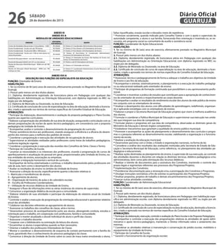 26

Diário Oficial
GUARUJÁ

sábado

28 de dezembro de 2013

ANEXO III
ANEXO XV-A
MÓDULOS DE UNIDADES EDUCACIONAIS
UNIDADE
Centro de Atividades Educacionais e Comunitárias – CAEC
Ensino Fundamental - Escola com até 799 alunos
Ensino Fundamental - Escola entre 800 e 1099 alunos
Ensino Fundamental - Escola com 1100 ou mais alunos ou
tenha 04 períodos

ADICIONAL
POR MÓDULO
R$ 200,00
R$ 350,00
R$ 400,00

EQUIPE

Escola de Educação Infantil - com até 330 alunos

R$ 200,00

Escola de Educação Infantil com 331 ou mais alunos
Núcleo de Educação Infantil Municipal – NEIM com até 189
crianças
Núcleo de Educação Infantil Municipal – NEIM com 190
crianças ou mais

R$ 250,00

01 Diretor, 01 Coordenador Administrativo Educacional
01 Diretor, 01 Vice-Diretor e 03 Orientadores de Ensino
01 Diretor, 01 Vice Diretor e 04 Orientadores de Ensino
01 Diretor, 01 Vice-Diretor, 01 Coordenador Administrativo
Funcional, 04 Orientadores de Ensino
01 Diretor, 01 Orientador de Ensino, (Na hipótese de Escola com
Anexo, 02 Orientadores de Ensino)
01 Diretor e até 02 Orientadores de Ensino

R$ 200,00

01 Diretor e 01 Orientador de Ensino

R$ 250,00

01 Diretor, 01 Coordenador Administrativo (Creche Noturna) e até
02 Orientadores de Ensino

R$ 450,00

ANEXO XVI-A
DESCRIÇÃO DAS FUNÇÕES DE ESPECIALISTA DA EDUCAÇÃO
FUNÇÃO: Orientador de Ensino
HABILITAÇÃO:
1. Ter no mínimo de 06 (seis) anos de exercício, efetivamente prestado no Magistério Municipal de
Guarujá;
2. Possuir pelo menos um dos títulos abaixo:
2.1. Diploma, devidamente registrado, de licenciatura plena em Pedagogia com qualquer das
habilitações em Administração ou Orientação Educacional, com diploma registrado no MEC ou
órgão por ele delegado;
2.2. Diploma de Mestrado ou Doutorado, na área de Educação;
2.3. Certificado de conclusão de curso de especialização na área de educação, destinado a licenciados, criado e aprovado nos termos de normas específicas do Conselho Estadual de Educação.
ATRIBUIÇÕES:
* Participar da elaboração, desenvolvimento e avaliação da proposta pedagógica e Plano Escolar,
quanto aos aspectos curriculares;
* Elaborar a programação das atividades de sua área de atuação, assegurando a articulação com as
demais programações do núcleo de apoio técnico-pedagógico, em consonância com a proposta
pedagógica da Unidade de Ensino;
* Acompanhar, avaliar e controlar o desenvolvimento da programação do currículo;
* Prestar assistência técnica aos professores, visando assegurar a eficiência e a eficácia do desempenho dos mesmos para a melhoria dos padrões de ensino;
* Coordenar a programação e execução das atividades de recuperação de alunos;
* Supervisionar as atividades realizadas pelos professores como horas de trabalhos pedagógicos,
conforme legislação vigente;
* Coordenar a programação e execução das reuniões dos Conselhos de Série, Classe e Termo;
* Participar do Conselho de Escola;
* Levantar as necessidades e os interesses dos professores, visando à programação de cursos de
aperfeiçoamento e atualização do pessoal em geral, proporcionados pela Unidade de Ensino, outras entidades de ensino, associações ou empresas;
* Assegurar a integração horizontal e vertical do currículo;
* Acompanhar de forma sistematizada e contínua, o trabalho desenvolvido pelos professores em
sala de aula, bem como o desempenho dos alunos;
* Avaliar os resultados do ensino no âmbito da Unidade de Ensino;
* Assessorar a direção da escola, especificamente quanto a decisões relativas à:
I – Matrículas e transferências de alunos;
II – Agrupamento de alunos;
III – Organização de horários de aulas e do calendário escolar;
IV – Escolha de Professores Coordenadores;
V – Utilização de recursos didáticos da Unidade de Ensino.
* Assegurar o fluxo de informações entre as várias instâncias do sistema de supervisão;
* Comunicar a organização didática da escola para a comunidade;
* Elaborar relatório de suas atividades e participar da elaboração do relatório anual da Unidade
de Ensino;
* Controlar e avaliar a execução da programação da orientação educacional e apresentar relatório
anual das atividades;
* Colaborar nas decisões referentes ao agrupamento de alunos;
* Assessorar os trabalhos dos conselhos de classe, série e termo;
* Desenvolver processo de acompanhamento junto aos alunos, abrangendo conduta, estudos e
orientação para o trabalho, em cooperação com professores, família e comunidade;
* Organizar e manter atualizado o dossiê individual do aluno e perfil das classes;
* Assessorar o trabalho docente;
* Cooperar com o bibliotecário na orientação da leitura dos alunos;
* Encaminhar os alunos à especialistas quando se fizer necessário;
* Orientar o trabalho dos professores Orientadores de Classe;
* Montar e coordenar o desenvolvimento de esquema de contato permanente com a família do
aluno, garantindo-lhes o conhecimento do processo pedagógico da classe;
* Comunicar à direção da Unidade de Ensino sobre os casos de maus tratos envolvendo o aluno,

faltas injustificadas, evasão escolar e elevados níveis de repetência;
* Promover socialmente, quando indicado pelo Conselho Tutelar e com o apoio e supervisão da
autoridade competente, o aluno e sua família, fornecendo-lhes orientação e inserindo-os, se necessário, em programa social ou comunitário de auxílio e assistência social.
FUNÇÃO: Coordenador de Ações Educacionais
HABILITAÇÃO:
1. Ter no mínimo de 06 (seis) anos de exercício, efetivamente prestado no Magistério Municipal
de Guarujá;
2. Possuir pelo menos um dos títulos abaixo:
2.1. Diploma, devidamente registrado, de licenciatura plena em Pedagogia com qualquer das
habilitações em Administração ou Orientação Educacional, com diploma registrado no MEC ou
órgão por ele delegado;
2.2. Diploma de Mestrado ou Doutorado, na área de Educação;
2.3. Certificado de conclusão de curso de especialização na área de educação, destinado a licenciados, criado e aprovado nos termos de normas específicas do Conselho Estadual de Educação.
ATRIBUIÇÕES:
* Assessorar, técnica e pedagogicamente de forma a adequar o trabalho aos objetivos da Unidade
de Ensino e aos fins da educação;
* Acompanhar e orientar, sistematicamente, o planejamento e a execução do trabalho pedagógico ou educacional realizado pelo orientador de ensino;
* Participar de programas de formação continuada que possibilitem o seu aprimoramento profissional;
* Coordenar e incentivar a prática de estudos que contribuam para a apropriação de conhecimentos do orientador de ensino e respectivamente ao corpo docente;
* Acompanhar e avaliar os resultados do rendimento escolar dos alunos da rede pública de ensino
em conjunto com os orientadores de ensino;
* Analisar o desempenho dos alunos com dificuldades de aprendizagem, redefinindo, organizando e aplicando estratégias com os orientadores de ensino;
* Elaborar e propor à Secretaria Municipal de Educação projetos que visem à melhoria acadêmica
dos alunos;
* Formular e coordenar a Política Municipal de Educação e supervisionar sua execução nas unidades que integram sua área de competência;
* Formular planos e programas em sua área de competência, observadas as diretrizes gerais do
Ministério da Educação e demais órgãos competentes;
* Estabelecer mecanismos que garantam a qualidade do ensino público municipal;
* Promover e acompanhar as ações de planejamento e desenvolvimento dos currículos e programas e a pesquisa referente ao desenvolvimento escolar, viabilizando a organização e o funcionamento da escola;
* Realizar a avaliação da educação municipal;
* Desenvolver parcerias com a União, o Estado e organizações nacionais, na forma da lei;
* Considerar a análise dos resultados das avaliações instituídas pela Secretaria de Estado de Educação e Secretaria Municipal de Educação, como referência, no planejamento das atividades pedagógicas e educacionais;
* Realizar ações destinadas ao planejamento do ensino, à supervisão de sua execução, ao controle
das atividades docentes e discentes em relação às diretrizes técnicas, didático-pedagógicas e/ou
administrativas, bem como pela otimização dos recursos didáticos;
* Realizar o trâmite de documentos para a assinatura dos Convênios, mantendo o controle dos
prazos legais e regimentais referentes aos processos dos Programas/Projetos;
* Implementação dos Convênios;
* Providenciar documentação para a renovação e/ou a prorrogação dos Convênios e Programas;
* Divulgar instruções normativas a fim de orientar os participantes dos Programas/Projetos;
* Analisar propostas, projetos de trabalho e demais encaminhamentos dos Programas/Projetos;
* Exercer outras atividades correlatas.
FUNÇÃO: Coordenador de Administração Educacional
HABILITAÇÃO:
1. Ter no mínimo de 06 (seis) anos de exercício, efetivamente prestado no Magistério Municipal de
Guarujá;
2. Possuir pelo menos um dos títulos abaixo:
2.1. Diploma, devidamente registrado, de licenciatura plena em Pedagogia com habilitação específica em administração escolar, com diploma devidamente registrado no MEC ou órgão por ele
delegado;
2.2. Diploma de Mestrado ou Doutorado, na área de Educação;
2.3. Certificado de conclusão de curso de especialização na área de educação, destinado a licenciados, criado e aprovado nos termos de normas específicas do Conselho Estadual de Educação.
ATRIBUIÇÕES:
* Participar da elaboração, execução, controle e avaliação do Plano Escolar e da Proposta Pedagógica;
* Acompanhar e controlar a execução das programações relativas às atividades de apoio administrativo e apoio técnico-pedagógico, mantendo o Diretor informado sobre o andamento das
mesmas;
* Coordenar as atividades relativas à manutenção e conservação do prédio escolar, mobiliário e
equipamento da Unidade de Ensino;
* Participar do Conselho de Escola;
* Garantir o funcionamento da organização escolar;

 