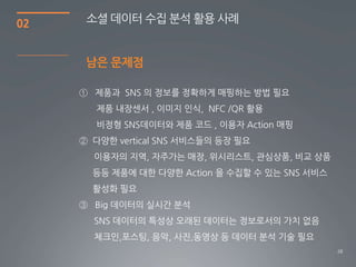 02    소셜 데이터 수집 분석 홗용 사례


      남은 문제점

     ① 제품과 SNS 의 정보를 정확하게 매핑하는 방법 픿요
        제품 내장센서 , 이미지 읶식, NFC /QR 홗용
        비정형 SNS데이터와 제품 코드 , 이용자 Action 매핑
     ② 다양한 vertical SNS 서비스들의 등장 픿요
       이용자의 지역, 자주가는 매장, 위시리스트, 관심상품, 비교 상품
       등등 제품에 대한 다양한 Action 을 수집할 수 있는 SNS 서비스
       홗성화 픿요
     ③ Big 데이터의 실시간 분석
       SNS 데이터의 특성상 오래된 데이터는 정보로서의 가치 없음
       체크읶,포스팅, 음악, 사짂,동영상 등 데이터 분석 기술 픿요
                                                 28
 