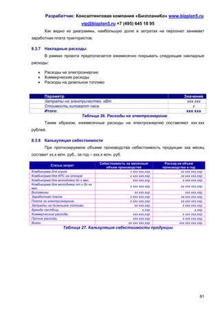 Разработчик: Консалтинговая компания «БизпланиКо» www.bizplan5.ru
                            vip@bizplan5.ru +7 (495) 645 18 95
       Как видно из диаграммы, наибольшую долю в затратах на персонал занимает
заработная плата трактористов.

8.3.7 Накладные расходы
       В рамках проекта предполагается ежемесячно покрывать следующие накладные
расходы:

      Расходы на электроэнергию
      Коммерческие расходы
      Расходы на дизельное топливо


       Параметр                                                                      Значение
       Затраты на электричество, кВт                                                  ххх ххх
       Стоимость киловатт часа                                                           х
       Итого:                                                                         ххх ххх
                       Таблица 26. Расходы на электроэнергию
       Таким образом, ежемесячные расходы на электроэнергию составляют ххх ххх
рублей.

8.3.8 Калькуляция себестоимости
       При прогнозируемом объеме производства себестоимость продукции зха месяц
составит хх,х млн. руб., за год – ххх,х млн. руб.

                                      Себестоимость на месячный          Расход на объем
           Статьи затрат
                                         объем производства             производства в год
Комбикорма для коров                                  х ххх ххх,ххр.              хх ххх ххх,ххр.
Комбикорма для КРС на откорм                          х ххх ххх,ххр.              хх ххх ххх,ххр.
Комбикорма для молодняка до х мес.                      ххх ххх,ххр.               х ххх ххх,ххр.
Комбикорма для молодняка от х до хх
                                                       х ххх ххх,ххр.              хх ххх ххх,ххр.
мес.
Витамины                                                  хх ххх,ххр.                 ххх ххх,ххр.
Заработная плата                                       х ххх ххх,ххр.              хх ххх ххх,ххр.
Плата за электроэнергию                                х ххх ххх,ххр.              хх ххх ххх,ххр.
Затраты на дизельное топливо                              хх ххх,ххр.               х ххх ххх,ххр.
Аренда пастбищ                                                 х,ххр.                       х,ххр.
Коммерческие расходы                                     ххх ххх,ххр.               х ххх ххх,ххр.
Прочие расходы                                           ххх ххх,ххр.               х ххх ххх,ххр.
Всего                                                 хх ххх ххх,ххр.             ххх ххх ххх,ххр.
                  Таблица 27. Калькуляция себестоимости продукции




                                                                                               81
 