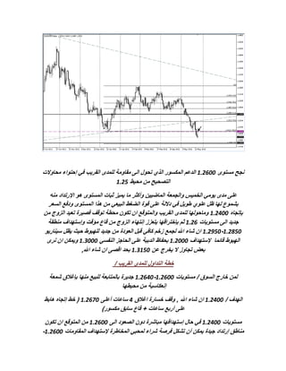 ‫نجح مستوى 111.26 الدعم المكسور الذي تحول الى مقاومة للمدى القريب في إحتواء محاوالت‬
                               ‫التصحيح من محيط 1.26‬

  ‫على مدى يومي الخميس والجمعة الماضيين وأكثر ما يميز ثبات المستوى هو اإلرتداد منه‬
 ‫بشموع لها ظل علوي طويل في داللة على قوة الضغط البيعي من هذا المستوى ودفع السعر‬
‫بإتجاه 111.26 وماحولها للمدى القريب والمتوقع ان تكون محطة توقف فصيرة تعيد الزوج من‬
 ‫جديد الى مستويات 1.26 ثم بإختراقها يتعزز إنتهاء الزوج من قاع مؤقت وإستهداف منطقة‬
‫112.26-112.26 ان شاء اهلل لجمع زخم كافي قبل العودة من جديد للهبوط حيث يظل سيناريو‬
 ‫الهبوط قائما إلستهداف 111.26 بحفاظ الدببة على الحاجز النفسي 111.26 ويمكن ان نرى‬
                 ‫بعض تجاوز ال يخرج عن 116.26 بحد اقصى ان شاء اهلل,‬
                             ‫خطة التداول للمدى القريب /‬
  ‫لمن خارج السوق / مستويات 111.26-111.26 جديرة بالمتابعة للبيع منها بإغالق شمعة‬
                                    ‫إنعكاسية من محيطها‬
‫الهدف / 111.26 ان شاء اهلل , وقف خسارة اغالق 1 ساعات أعلى 111.26 ( خط إتجاه هابط‬
                       ‫على أربع ساعات + قاع سابق مكسور)‬
 ‫مستويات 111.26 في حال إستهدافها مباشرة دون الصعود الى 111.26 من المتوقع ان تكون‬
‫مناطق إرتداد جيدة يمكن أن تشكل فرصة شراء لمحبي المخاطرة إلستهداف المقاومات 111.26-‬
 