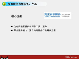 5   卖家服务市场业务、产品



     核心价值


      为电商经营提供各环节工具、服务
      聚合服务能力，建立电商服务行业解决方案
 