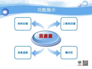 功能展示

条码扫描          二维码扫描




       我查查


快递追踪          曝光栏
 