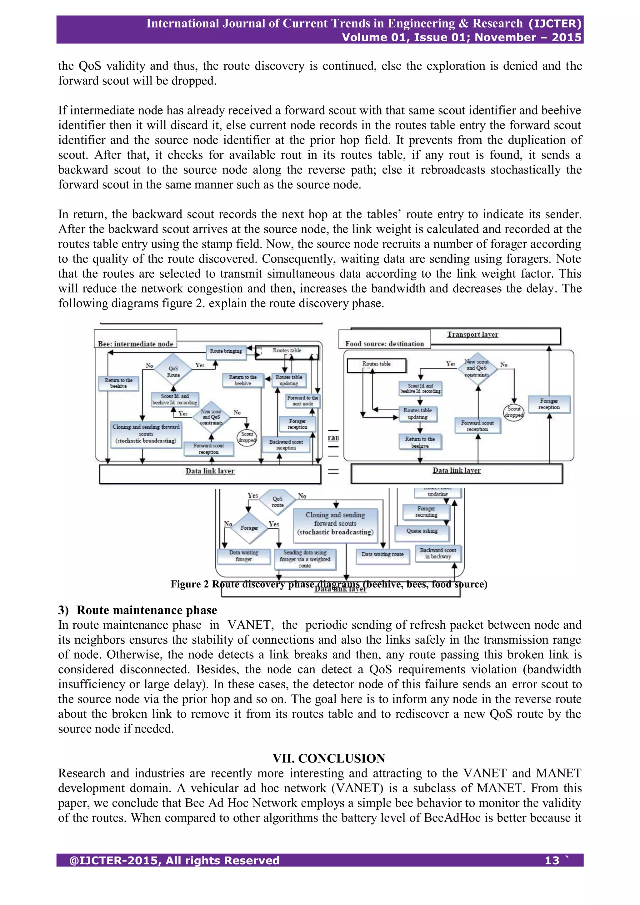 International Journal of Current Trends in Engineering & Research (IJCTER)
Volume 01, Issue 01; November – 2015
@IJCTER-2015, All rights Reserved 13 `
the QoS validity and thus, the route discovery is continued, else the exploration is denied and the
forward scout will be dropped.
If intermediate node has already received a forward scout with that same scout identifier and beehive
identifier then it will discard it, else current node records in the routes table entry the forward scout
identifier and the source node identifier at the prior hop field. It prevents from the duplication of
scout. After that, it checks for available rout in its routes table, if any rout is found, it sends a
backward scout to the source node along the reverse path; else it rebroadcasts stochastically the
forward scout in the same manner such as the source node.
In return, the backward scout records the next hop at the tables’ route entry to indicate its sender.
After the backward scout arrives at the source node, the link weight is calculated and recorded at the
routes table entry using the stamp field. Now, the source node recruits a number of forager according
to the quality of the route discovered. Consequently, waiting data are sending using foragers. Note
that the routes are selected to transmit simultaneous data according to the link weight factor. This
will reduce the network congestion and then, increases the bandwidth and decreases the delay. The
following diagrams figure 2. explain the route discovery phase.
Figure 2 Route discovery phase diagrams (beehive, bees, food source)
3) Route maintenance phase
In route maintenance phase in VANET, the periodic sending of refresh packet between node and
its neighbors ensures the stability of connections and also the links safely in the transmission range
of node. Otherwise, the node detects a link breaks and then, any route passing this broken link is
considered disconnected. Besides, the node can detect a QoS requirements violation (bandwidth
insufficiency or large delay). In these cases, the detector node of this failure sends an error scout to
the source node via the prior hop and so on. The goal here is to inform any node in the reverse route
about the broken link to remove it from its routes table and to rediscover a new QoS route by the
source node if needed.
VII. CONCLUSION
Research and industries are recently more interesting and attracting to the VANET and MANET
development domain. A vehicular ad hoc network (VANET) is a subclass of MANET. From this
paper, we conclude that Bee Ad Hoc Network employs a simple bee behavior to monitor the validity
of the routes. When compared to other algorithms the battery level of BeeAdHoc is better because it
 