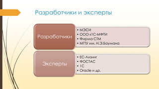 Разработчики и эксперты

Разработчики

Эксперты

• МЭСИ
• ООО «1С-МФТИ
• Фирма CTM
• МГТУ им. Н.Э.Баумана

• EC-Лизинг
• ФОСТАC
• 1С
• Oracle и др.

 