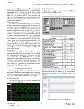 Full Paper
Int. J. on Recent Trends in Engineering and Technology, Vol. 8, No. 2, Jan 2013
B. Synthesis Result
Table II shows the power analysis done and Table III
shows the device utilization result.

address where matching data resides. The “match”signal
indicates that at least one location in the CAM contains the
same data as the DATA BUS. The “single_match” signal
indicates the existence of matching data in one location of
the CAM. The “multiple_match” signal indicates the
existence of matching data in more than one locations of the
CAM. The “busy” signal indicates that a write operation is
currently being executed.
3. Replacement Block
This unit is responsible for determining which data item(s)
should be deleted from the memory when the free space is
insufficient for accommodating a data item. It is an important
factor that improves the match ratio of the memory. A
sequential replacement policy is used here.This type of
replacement policy consumes only little power [4]. When the
controller is in the read state the data at the SEARCH INPUT
BUS will be available at the CMP_DATA BUS .The memory
locations will be searched simultaneously for the data. If the
data is not present in any of the memory locations then the
“match” signal will be low. Then the replacement block will
be active. The replacement block simply increments an address
counter sequentially to points to the location of the new
entry [4]. Then the search input data will be written to that
location. To perform this replacement the “en” and the “we”
signal should be high.
4. Select Logic
This unit is responsible for selecting either the outputs
from the replacement block or the outputs from the control
unit and data path & address unit. The outputs from the
replacement block are selected if the data that is searched for
is not present in any of the memory locations. At this time the
“S0” signal will be high. The outputs from the control unit
and data path & address unit will be selected when the data
that is searched for is present in any of the memory locations
and at this time the “S0 signal will be low.

TABLE II. POWER ANALYSIS R EPORT

TABLE III. DEVICE UTILIZATION R EPORT

IV. IMPLEMENTATION AND RESULTS
The hardware test result was obtained using Chip Scope Pro®
logic analyzer and the logic analysis for the write, read and
replacement operation is shown in Figure 6, Figure 7 and
Figure 8.

The design program for the controller with replacement
policy for the CAM v 6.1 of Xilinx® was simulated functionally
verified and synthesized using Xilinx ISE® design suite. The
target device is SPARTAN® 3AN FPGA by Xilinx® [3].
A. Simulation Results
The simulation result for the controller along with the
memory is shown in Figure 5.

Figure 6: Hardware test result for write operation
Figure 5: Simulation result

© 2013 ACEEE
DOI: 01.IJRTET.8.2.28

18

 