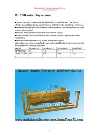Xinxiang Hengfu Electronic Machinery Co.,Ltd
www.hengfumall.com
- 16 -
12、SFJH series rotary screener
●gearbox uses the non-gear drive,no oil lubrication,to avoid leakage of the device
●flexible support could greatly reduce the noise and improve the classifying performance.
●streamlined design used in inside of machine,the materials can’t be deposited and cross
contamination avoided.
●extended elastic plate make the sieve ship run more smooth.
●screen-pressing mechanism is simple and convenient and can realize quick screen
replacement.
●there are single-screen,two-story screen,three-screen options.
●it is widely used for screening of pellet feed and crunbled feed and is the most advanced
and high efficient screening equipment.
MODEL SFJH80×2C SFJH100×2C SFJH130×2C SFJH150×2C
POWER(KW) 1.1 1.5 3 4
CAPACITY(T/H
)
4-6 5-8 8-15 12-20
 