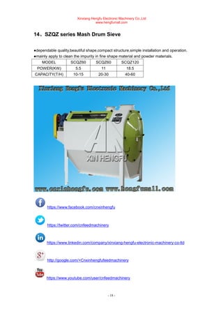 Xinxiang Hengfu Electronic Machinery Co.,Ltd
www.hengfumall.com
- 18 -
14、SZQZ series Mash Drum Sieve
●dependable quality,beautiful shape,compact structure,simple installation and operation.
●mainly apply to clean the impurity in fine shape material and powder materials.
MODEL SCQZ60 SCQZ60 SCQZ120
POWER(KW) 5.5 11 18.5
CAPACITY(T/H) 10-15 20-30 40-60
https://www.facebook.com/cnxinhengfu
https://twitter.com/cnfeedmachinery
https://www.linkedin.com/company/xinxiang-hengfu-electronic-machinery-co-ltd
http://google.com/+Cnxinhengfufeedmachinery
https://www.youtube.com/user/cnfeedmachinery
 
