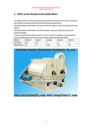 Xinxiang Hengfu Electronic Machinery Co.,Ltd
www.hengfumall.com
- 6 -
3、SSHJ series Double-shaft paddle Mixer
It is widely used for mixing of powder,granular,flake block,irregular and sticky materials in
the industries of feed,cereal,food,chemicals,medicine,pesticide,etc.
Specially-designed discharger has big door-opening angle an quick discharging with less
residue.
Specially-designed discharger door sealing system has good tightness,ensuring no
products leakage.
There are several liquid adding systems so as to meet the customers’ requirements on
various liquids adding.Users can choose carbon steels and stainless steels.
MODEL SSHJ0.5 SSHJ1 SSHJ2 SSHJ4 SSHJ7
YIELD(t/b) 0.25 0.5 1 2 3
POWER(kw) 5.5 11 18.5 30 45
 