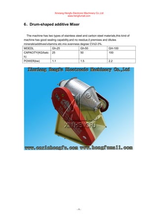 Xinxiang Hengfu Electronic Machinery Co.,Ltd
www.hengfumall.com
- 9 -
6、Drum-shaped additive Mixer
The machine has two types of stainless steel and carbon steel materials,this kind of
machine has good sealing capability,and no residue,it premixes and dilutes
mineralsadditivesvitamins etc.mix evenness degree CV≤2-3%.
MOEDL Gh-25 Gh-50 GH-100
CAPACITY(KG/batc
h)
25 50 100
POWER(kw) 1.1 1.5 2.2
 