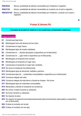 Folleto: Frases R y S revisadas 
R68/20/22 Nocivo: posibilidad de efectos irreversibles por inhalación e ingestión. 
R68/21/22 Nocivo: posibilidad de efectos irreversibles en contacto con la piel e ingestión. 
R68/20/21/22 Nocivo: posibilidad de efectos irreversibles por inhalación, contacto con la piel e 
ingestión. 
Frases S (Anexo IV) 
Consejos de prudencia relativos a las sustancias y preparados peligrosos 
Frases S simples 
S1 Consérvese bajo llave. 
S2 Manténgase fuera del alcance de los niños. 
S3 Consérvese en lugar fresco. 
S4 Manténgase lejos de locales habitados. 
S5 Consérvese en ... (líquido apropiado a especificar por el fabricante). 
S6 Consérvese en ... (gas inerte a especificar por el fabricante). 
S7 Manténgase el recipiente bien cerrado. 
S8 Manténgase el recipiente en lugar seco. 
S9 Consérvese el recipiente en lugar bien ventilado. 
S12 No cerrar el recipiente herméticamente. 
S13 Manténgase lejos de alimentos, bebidas y piensos. 
S14 Consérvese lejos de ... (materiales incompatibles a especificar por el fabricante). 
S15 Conservar alejado del calor. 
S16 Conservar alejado de toda llama o fuente de chispas - No fumar. 
S17 Manténgase lejos de materiales combustibles. 
S18 Manipúlese y ábrase el recipiente con prudencia. 
S20 No comer ni beber durante su utilización. 
S21 No fumar durante su utilización. 
S22 No respirar el polvo. 
S23 No respirar los gases/humos/vapores/aerosoles [denominación(es) adecuada(s) a especificar 
por el fabricante]. 
S24 Evítese el contacto con la piel. 
S25 Evítese el contacto con los ojos. 
http://www.mtas.es/insht/practice/f_r_y_s.htm (6 de 9)16/02/2006 8:16:08 
 
