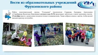 1 
Ребята подготовительной группы "Солнышко" (воспитатели Смирнова Екатерина Анатольевна 
и Серебрякова Валентина Николаевна) детского сада № 94 продолжают заботиться о своем групповом участке. 
13 октября вместе с родителями посадили ёлочки и можжевельник. Также собрали семена с цветов, чтобы весной 
высадить рассаду на клумбах. 
 