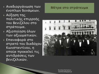  Αναδιοργάνωση των
ένοπλων δυνάμεων.
 Αύξηση της
πολιτικής επιρροής
του Βενιζέλου στο
στράτευμα.
 Αξιοποίηση όλων
των αξιωματικών.
 Επαναφορά στο
στρατό του διαδόχου
Κωνσταντίνου, η
οποία προκαλεί τις
αντιδράσεις των
βενιζελικών.
Χιωτέρη Κατερίνα -
katchiot.blogspot.gr
 