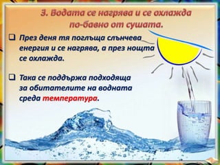  През деня тя поглъща слънчева
енергия и се нагрява, а през нощта
се охлажда.
 Така се поддържа подходяща
за обитателите на водната
среда температура.
 