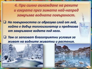  На повърхността се образува слой от лед,
който е добър топлоизолатор и предпазва
от замръзване водата под него.
 Там се запазват благоприятни условия за
живот на водните животни и растения.
 