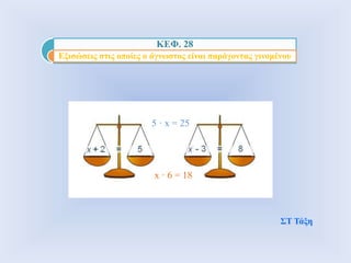 ΚΕΦ. 28
Εξισώσεις στις οποίες ο άγνωστος είναι παράγοντας γινομένου
ΣΤ Τάξη
5 · x = 25
x · 6 = 18
 