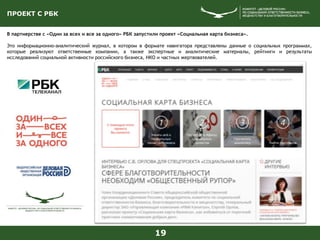 ПРОЕКТ С РБК
В партнерстве с «Один за всех и все за одного» РБК запустили проект «Социальная карта бизнеса».
Это информационно-аналитический журнал, в котором в формате навигатора представлены данные о социальных программах,
которые реализуют ответственные компании, а также экспертные и аналитические материалы, рейтинги и результаты
исследований социальной активности российского бизнеса, НКО и частных жертвователей.
19