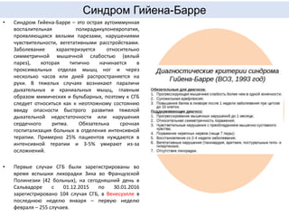 Синдром Гийена-Барре
• Синдром Гийена-Барре – это острая аутоиммунная
воспалительная полирадикулоневропатия,
проявляющаяся вялыми парезами, нарушениями
чувствительности, вегетативными расстройствами.
Заболевание характеризуется относительно
симметричной мышечной слабостью (вялый
парез), которая типично начинается в
проксимальных отделах мышц ног и через
несколько часов или дней распространяется на
руки. В тяжелых случаях возникают параличи
дыхательных и краниальных мышц, главным
образом мимических и бульбарных, поэтому к СГБ
следует относиться как к неотложному состоянию
ввиду опасности быстрого развития тяжелой
дыхательной недостаточности или нарушения
сердечного ритма. Обязательна срочная
госпитализация больных в отделения интенсивной
терапии. Примерно 25% пациентов нуждаются в
интенсивной терапии и 3-5% умирают из-за
осложнений.
• Первые случаи СГБ были зарегистрированы во
время вспышки лихорадки Зика во Французской
Полинезии (42 больных), на сегодняшний день в
Сальвадоре с 01.12.2015 по 30.01.2016
зарегистрировано 104 случая СГБ, в Венесуэлле в
последнюю неделю января – первую неделю
февраля – 255 случаев.
 