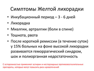 Симптомы Желтой лихорадки
• Инкубационный период – 3 - 6 дней
• Лихорадка
• Миалгии, артралгии (боли в спине)
• Тошнота, рвота
• После короткой ремиссии (в течение суток)
у 15% больных на фоне высокой лихорадки
развивается геморрагический синдром,
шок и полиорганная недостаточность
С осторожностью применяют аспирин и нестероидные противовоспалительные
препараты, которые могут повысить риск кровотечений
 