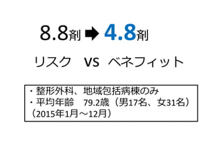 ・整形外科、地域包括病棟のみ
・平均年齢 79.2歳（男17名、⼥31名）
（2015年1⽉〜12⽉）
8.8剤 剤
リスク vs ベネフィット
 