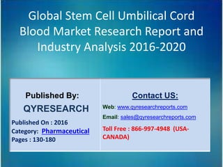 Global Stem Cell Umbilical Cord
Blood Market Research Report and
Industry Analysis 2016-2020
Published By:
QYRESEARCH
Published On : 2016
Category: Pharmaceutical
Pages : 130-180
Contact US:
Web: www.qyresearchreports.com
Email: sales@qyresearchreports.com
Toll Free : 866-997-4948 (USA-
CANADA)
 