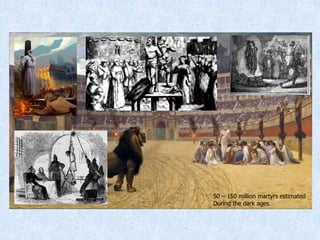 The Gathering
2016!• This event is scheduled for September 21,
2016, a month and a half from now. On the
about page we read one of their purposes:
• "The church must again become the conscience of the government.
Through its national solemn assembly it should clearly and respectfully
call political leadership to God’s principles for government (Romans
13:1-7)"
• Taken From
http://thegathering2016.com/about/50 – 150 million martyrs estimated
During the dark ages.
 