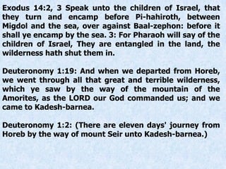 Exodus 14:2, 3 Speak unto the children of Israel, that
they turn and encamp before Pi-hahiroth, between
Migdol and the sea, over against Baal-zephon: before it
shall ye encamp by the sea. 3: For Pharaoh will say of the
children of Israel, They are entangled in the land, the
wilderness hath shut them in.
Deuteronomy 1:19: And when we departed from Horeb,
we went through all that great and terrible wilderness,
which ye saw by the way of the mountain of the
Amorites, as the LORD our God commanded us; and we
came to Kadesh-barnea.
Deuteronomy 1:2: (There are eleven days' journey from
Horeb by the way of mount Seir unto Kadesh-barnea.)
 