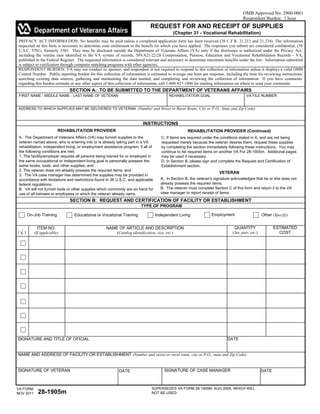 OMB Approved No. 2900-0061
Respondent Burden: 1 hour
REQUEST FOR AND RECEIPT OF SUPPLIES
(Chapter 31 - Vocational Rehabilitation)
PRIVACY ACT INFORMATION: No benefits may be paid unless a completed application form has been received (38 C.F.R. 21.212 and 21.224). The information
requested on this form is necessary to determine your entitlement to the benefit for which you have applied. The responses you submit are considered confidential, (38
U.S.C. 5701), formerly 3301. They may be disclosed outside the Department of Veterans Affairs (VA) only if the disclosure is authorized under the Privacy Act,
including the routine uses identified in the VA system of records, 58VA21/22/28 Compensation, Pension, Education and Vocational Rehabilitation Records - VA,
published in the Federal Register. The requested information is considered relevant and necessary to determine maximum benefits under the law. Information submitted
is subject to verification through computer matching programs with other agencies.
RESPONDENT BURDEN: VA may not conduct or sponsor, and respondent is not required to respond to this collection of information unless it displays a valid OMB
Control Number. Public reporting burden for this collection of information is estimated to average one hour per response, including the time for reviewing instructions,
searching existing data sources, gathering and maintaining the data needed, and completing and reviewing the collection of information. If you have comments
regarding this burden estimate or any other aspect of this collection of information, call 1-800-827-1000 for mailing information on where to send your comments.
SECTION A: TO BE SUBMITTED TO THE DEPARTMENT OF VETERANS AFFAIRS
FIRST NAME - MIDDLE NAME - LAST NAME OF VETERAN REHABILITATION GOAL VA FILE NUMBER
ADDRESS TO WHICH SUPPLIES MAY BE DELIVERED TO VETERAN (Number and Street or Rural Route, City or P.O., State and Zip Code)
INSTRUCTIONS
A. The Department of Veterans Affairs (VA) may furnish supplies to the
veteran named above, who is entering into or is already taking part in a VA
rehabilitation, independent living, or employment assistance program, if all of
the following conditions are met:
1. The facility/employer requires all persons being trained for or employed in
the same occupational or independent living goal to personally possess the
same books, tools, and other supplies; and
2. The veteran does not already possess the required items; and
3. The VA case manager has determined the supplies may be provided in
accordance with limitations and restrictions found in 38 U.S.C. and applicable
federal regulations.
B. VA will not furnish tools or other supplies which commonly are on hand for
use of all trainees or employees or which the veteran already owns.
C. If items are required under the conditions stated in A, and are not being
requested merely because the veteran desires them, request these supplies
by completing the section immediately following these instructions. You may
continue to list required items on another VA For 28-1905m. Additional pages
may be used if necessary.
D. In Section B, please sign and complete the Request and Certification of
Establishment section.
SECTION B: REQUEST AND CERTIFICATION OF FACILITY OR ESTABLISHMENT
TYPE OF PROGRAM
On-Job Training Educational or Vocational Training Independent Living Employment Other (Specify)
ESTIMATED
COST
QUANTITY
(Set, pair, etc.)
NAME OF ARTICLE AND DESCRIPTION
(Catalog identification, size, etc.)
ITEM NO.
(If applicable)
SIGNATURE AND TITLE OF OFICIAL
NAME AND ADDRESS OF FACILITY OR ESTABLISHMENT (Number and street or rural route, city or P.O., state and Zip Code)
SIGNATURE OF VETERAN SIGNATURE OF CASE MANAGER
( )
REHABILITATION PROVIDER
VETERAN
REHABILITATION PROVIDER (Continued)
A. In Section B, the veteran's signature acknowledges that he or she does not
already possess the required items.
B. The veteran must complete Section C of this form and return it to the VA
case manager to report receipt of items.
DATE
DATE DATE
√
VA FORM
NOV 2011 28-1905m
SUPERSEDES VA FORM 28-1905M, AUG 2008, WHICH WILL
NOT BE USED.
 