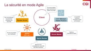 © 2019 CGI inc. Confidentiel
La sécurité en mode Agile
10
Équipe Scrum
Scrum Master
Sprint Review
MVP Minimal
Viable Product
Autres
(PM, etc.)
Rythme
d’itérations élevé
Absence de
compétences sécurité
lors des réunions
Ils ne se sentent
pas impliqués
Peu sensibilisée
aux bonnes
pratiques de
sécurité
Le produit
continue
d’évoluer après
la livraison
Client
Fonctionnalités
peu connues au
début du projet
 