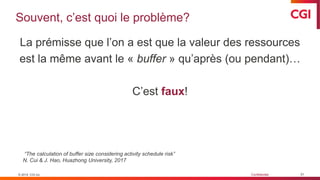 © 2019 CGI inc. Confidentiel
Souvent, c’est quoi le problème?
31
La prémisse que l’on a est que la valeur des ressources
est la même avant le « buffer » qu’après (ou pendant)…
C’est faux!
“The calculation of buffer size considering activity schedule risk”
N. Cui & J. Hao, Huazhong University, 2017
© 2019 CGI inc.
 
