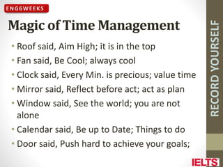 RECORD
YOURSELF
Magic of Time Management
• Roof said, Aim High; it is in the top
• Fan said, Be Cool; always cool
• Clock said, Every Min. is precious; value time
• Mirror said, Reflect before act; act as plan
• Window said, See the world; you are not
alone
• Calendar said, Be up to Date; Things to do
• Door said, Push hard to achieve your goals;
 