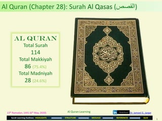 1
Surah Learning Outlines: HIGHLIGHTS STRUCTURE MESSAGE REFERENCES QUIZ
13th Ramadan, 1441 (6th May, 2020)
Al Quran
Total Surah
114
Total Makkiyah
86 (75.4%)
Total Madniyah
28 (24.6%)
Al Quran (Chapter 28): Surah Al Qasas (‫)القصص‬
Dr. Jameel G. JargarAl Quran Learning
 